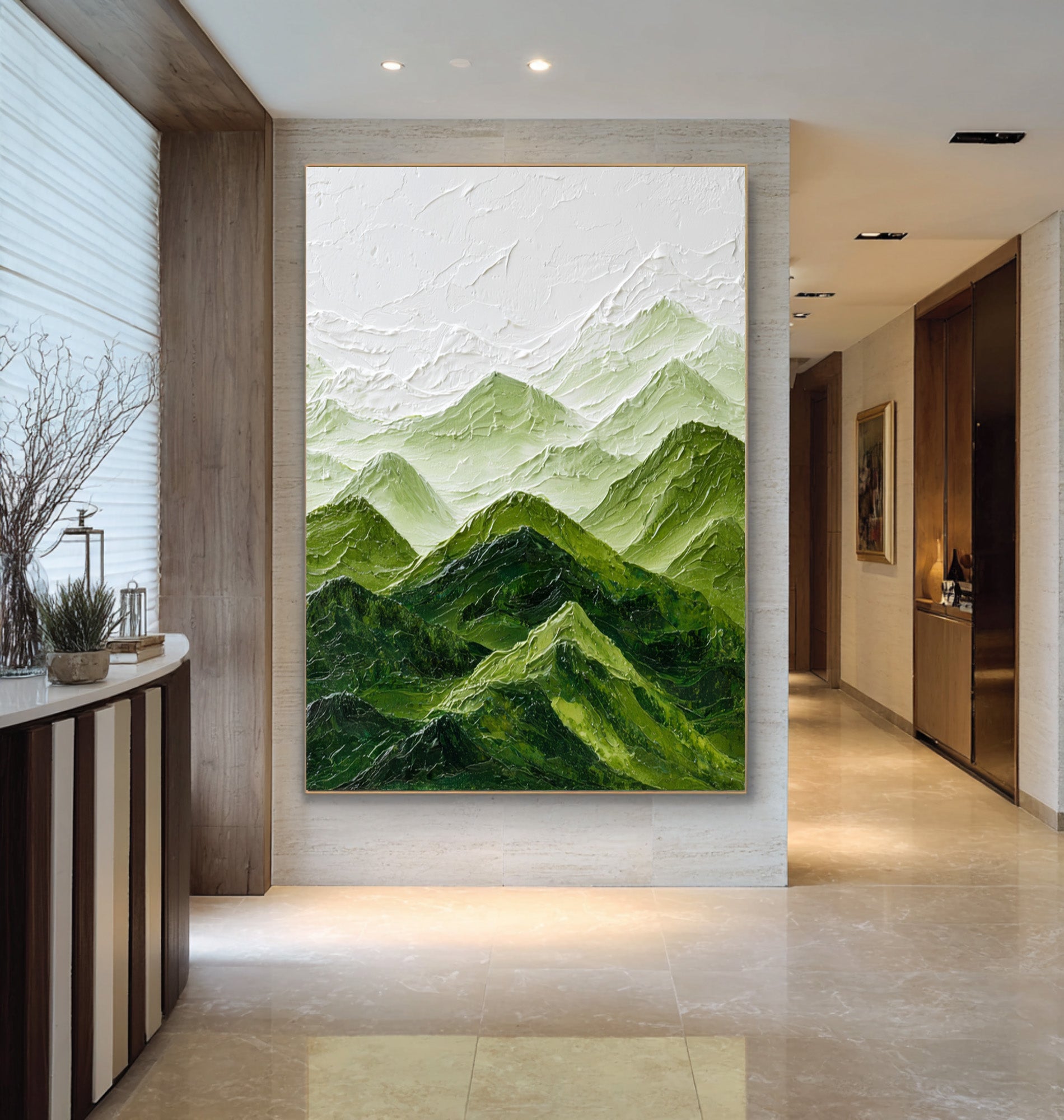 Large Abstract Oil Painting Mountain Landscape, Green Calm Wall Art for Home Decor | ArtvistaGallery #WGA 006