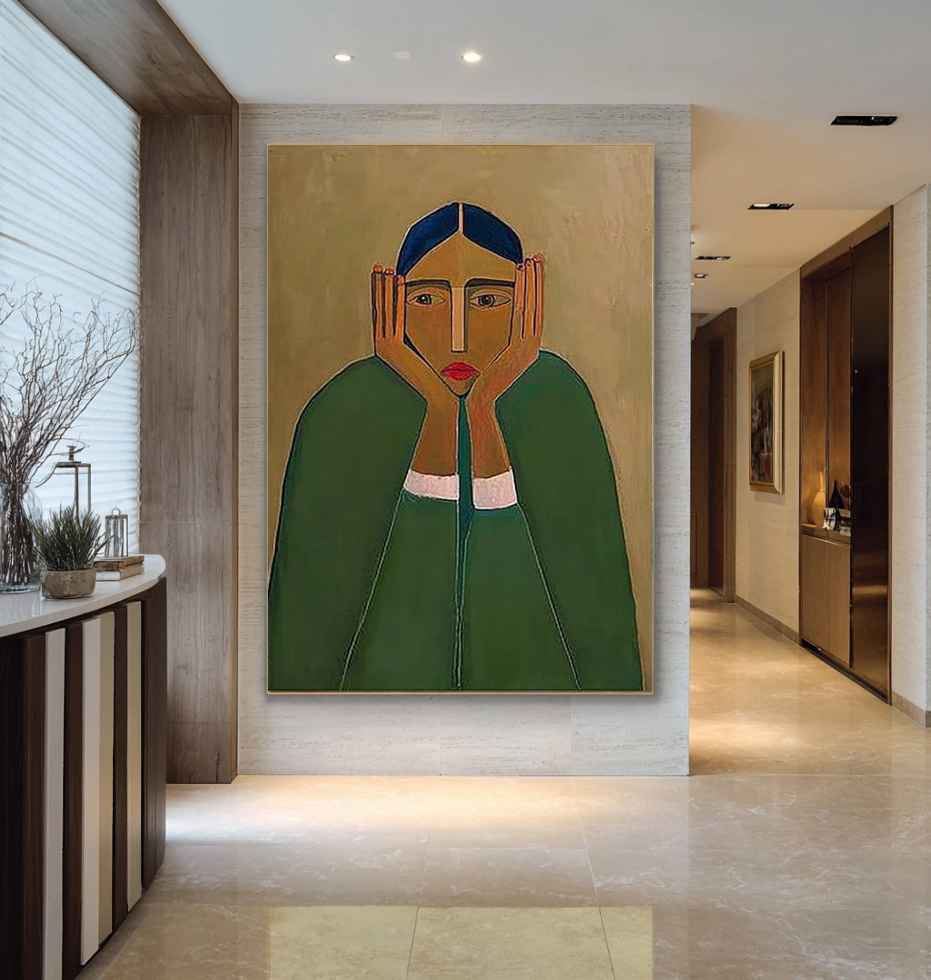 Large Abstract Portrait Oil Painting on Canvas – Statement Green Figurative Wall Art #WAB 032