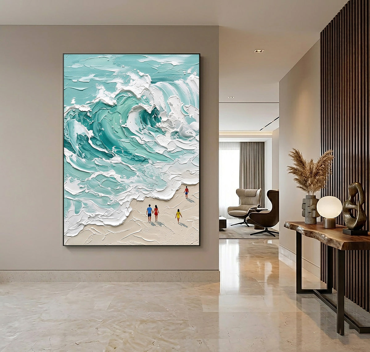 Large Minimal Turquoise Ocean Wave Wall Art Textured Oil Painting Coastal Seascape Beach House Artwork Modern Home Decor