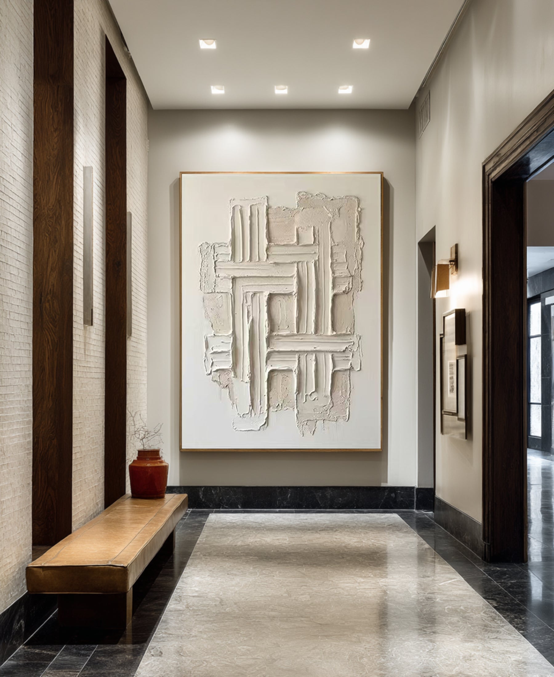 Large Hand Painted Neutral Oil Painting with Textured Geometric Wall Art Design