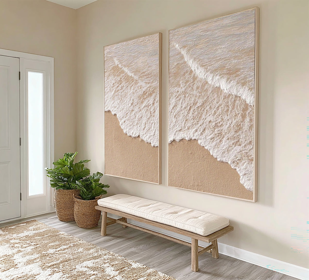 Large Modern Ocean Wave Diptych Wall Art Beige White Textured Oil Painting Coastal Seascape Two Piece Canvas Set Living Room Decor