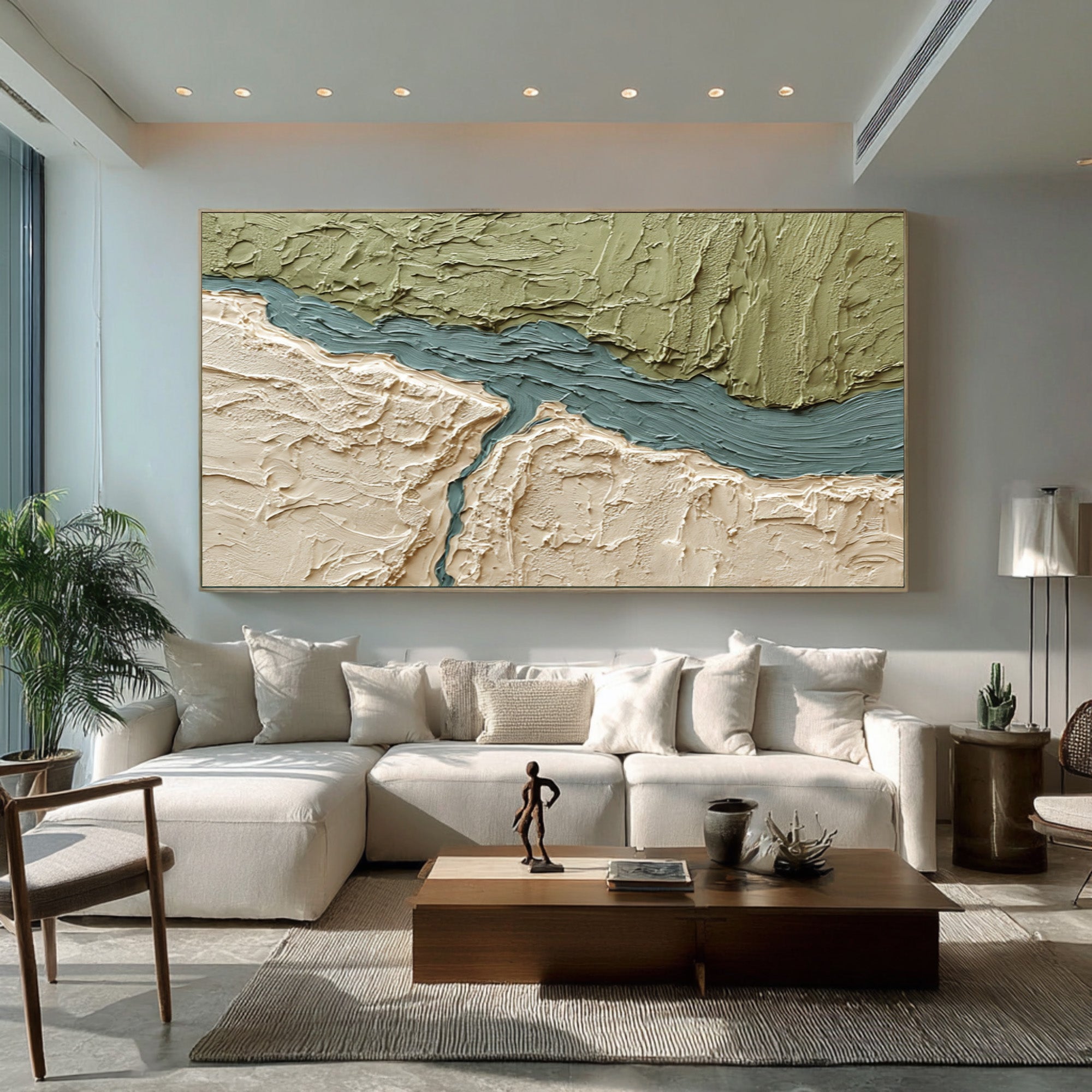 Large Abstract Oil Painting Green Texture, Calm Nature Wall Art for Living Room | ArtvistaGallery #WAB 027