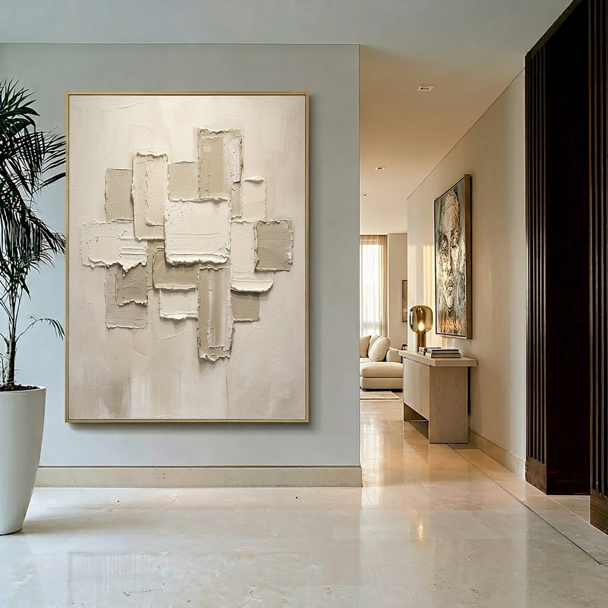 Large Minimalist White Abstract Relief Wall Art Textured Oil Painting 3D Geometric Sculptural Artwork Modern Luxury Living Room Decor