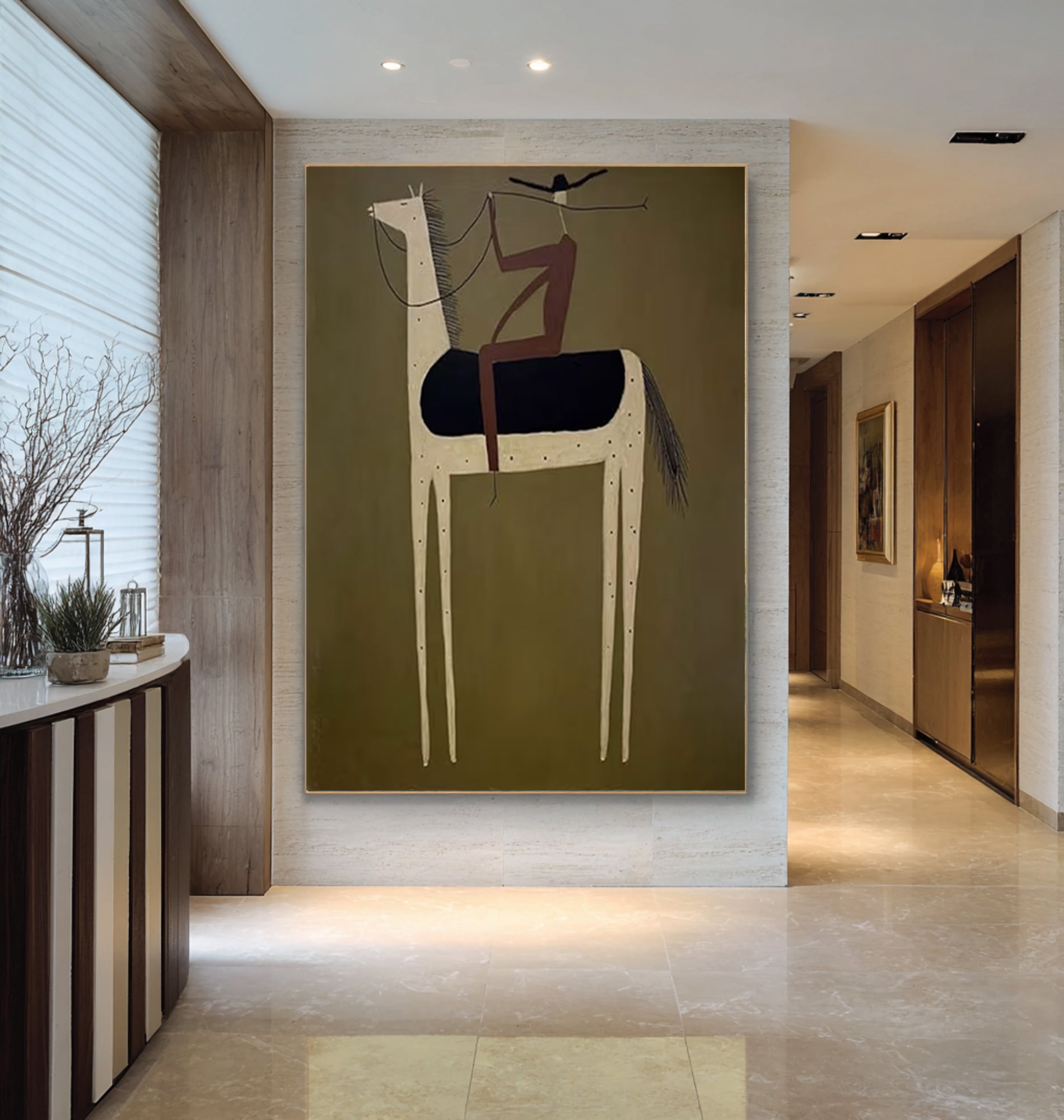 Large Abstract Horse Rider Painting Olive Green Contemporary Wall Art