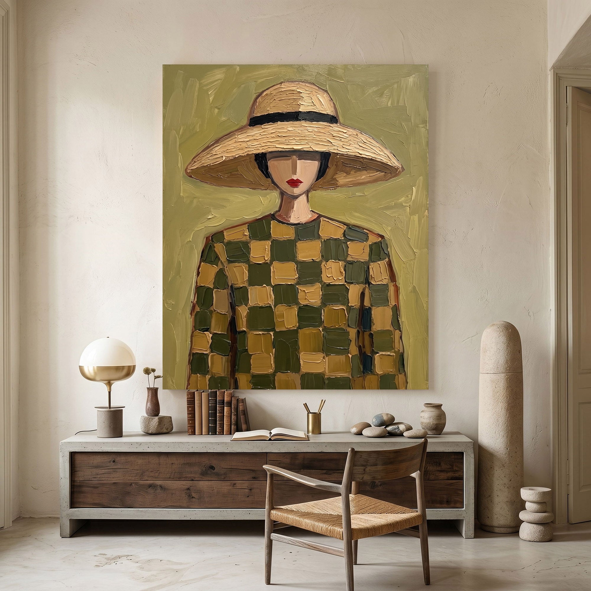Large Woman Portrait Wall Art Abstract Oil Painting Vintage Americana Art Cowgirl Cowboy Western Fashion Figure Minimalist Decor
