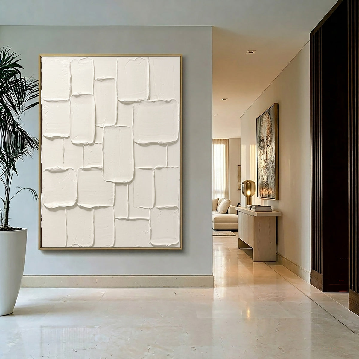 Large Modern Rounded Sculptural Relief Wall Art Ivory Cream Abstract Oil Painting Organic Rectangular Shapes Thick Impasto Texture Minimalist Luxury Interior Decor