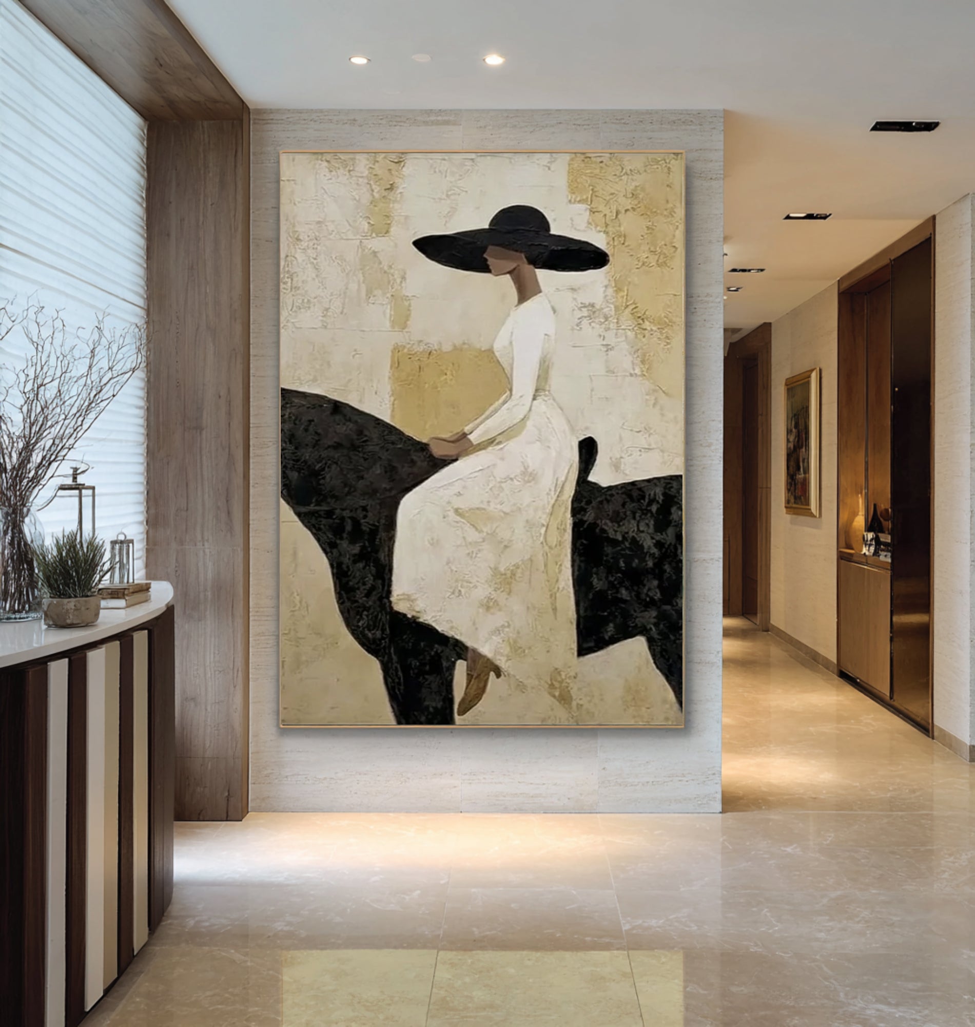 Luxury Woman on Black Horse Painting Elegant Neutral Wall Art