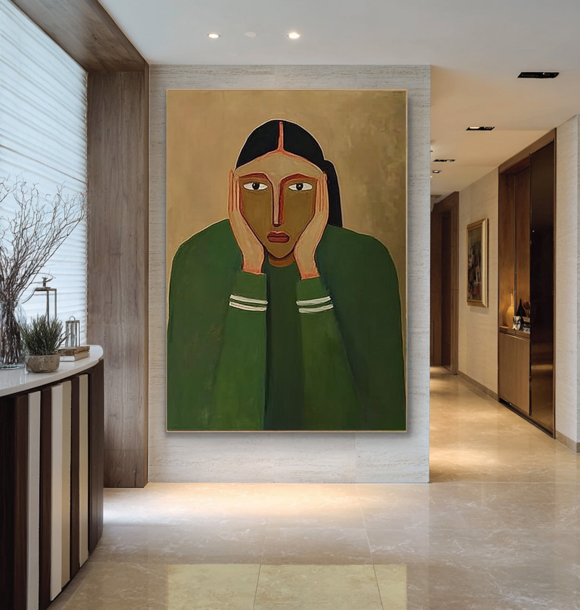 Large Abstract Portrait Oil Painting Green Tones, Emotional Modern Wall Art for Living Room #WAB-030
