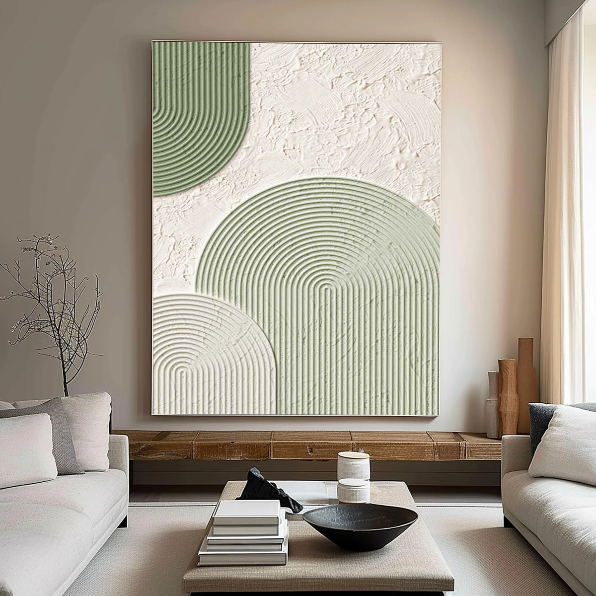 Sage Arch Motif Contemporary Wall Art Hand Painted Green Cream Geometric Home Decor Organic Modern Artwork