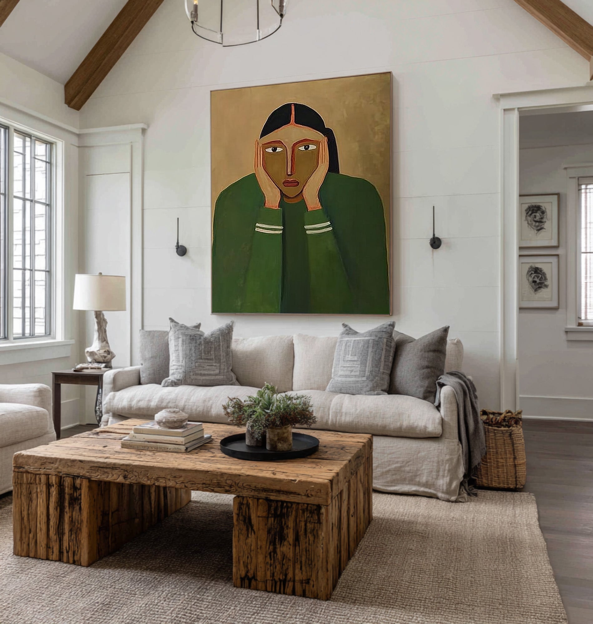Large Abstract Portrait Oil Painting Green Tones, Emotional Modern Wall Art for Living Room #WAB-030