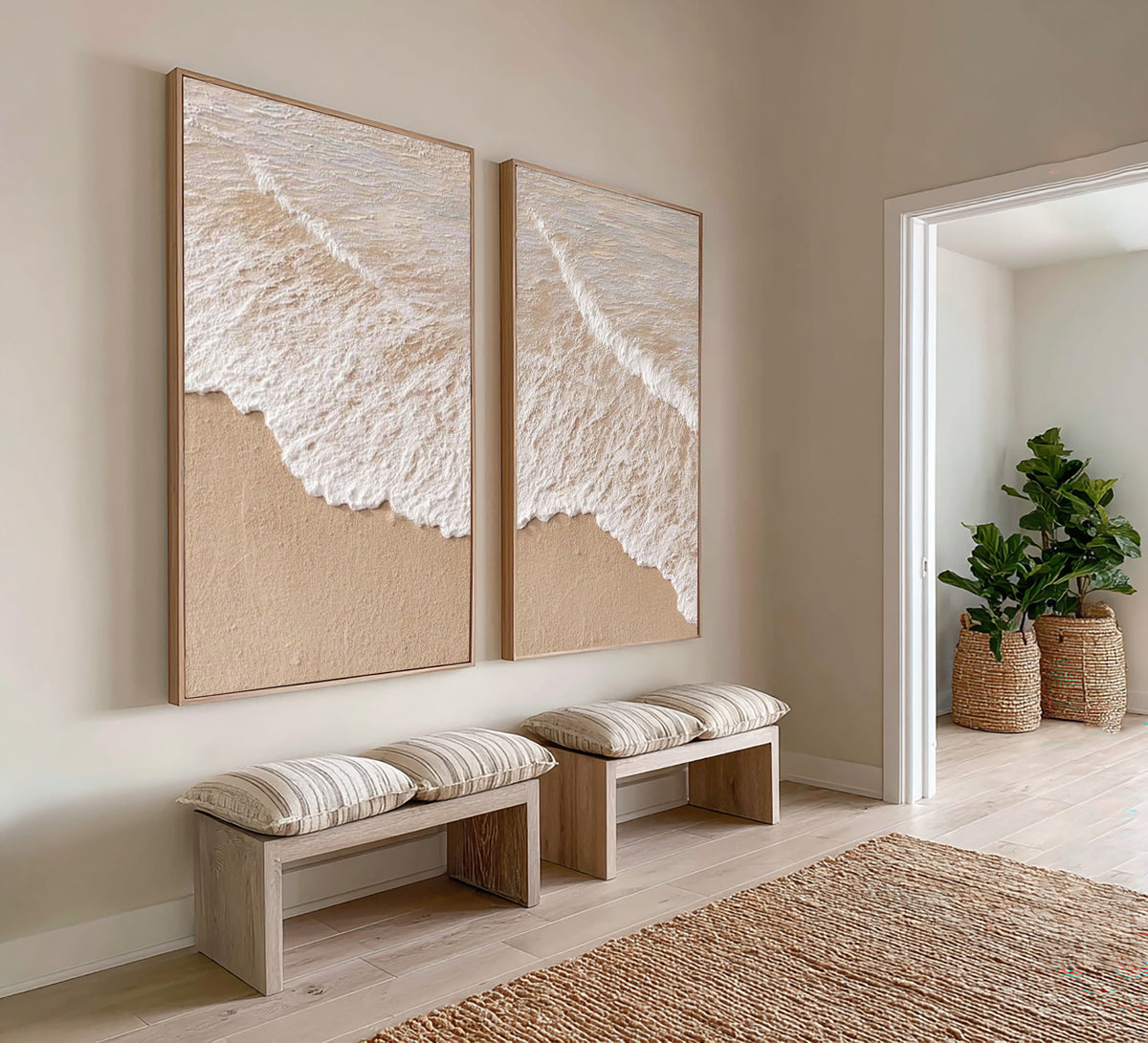 Large Modern Ocean Wave Diptych Wall Art Beige White Textured Oil Painting Coastal Seascape Two Piece Canvas Set Living Room Decor