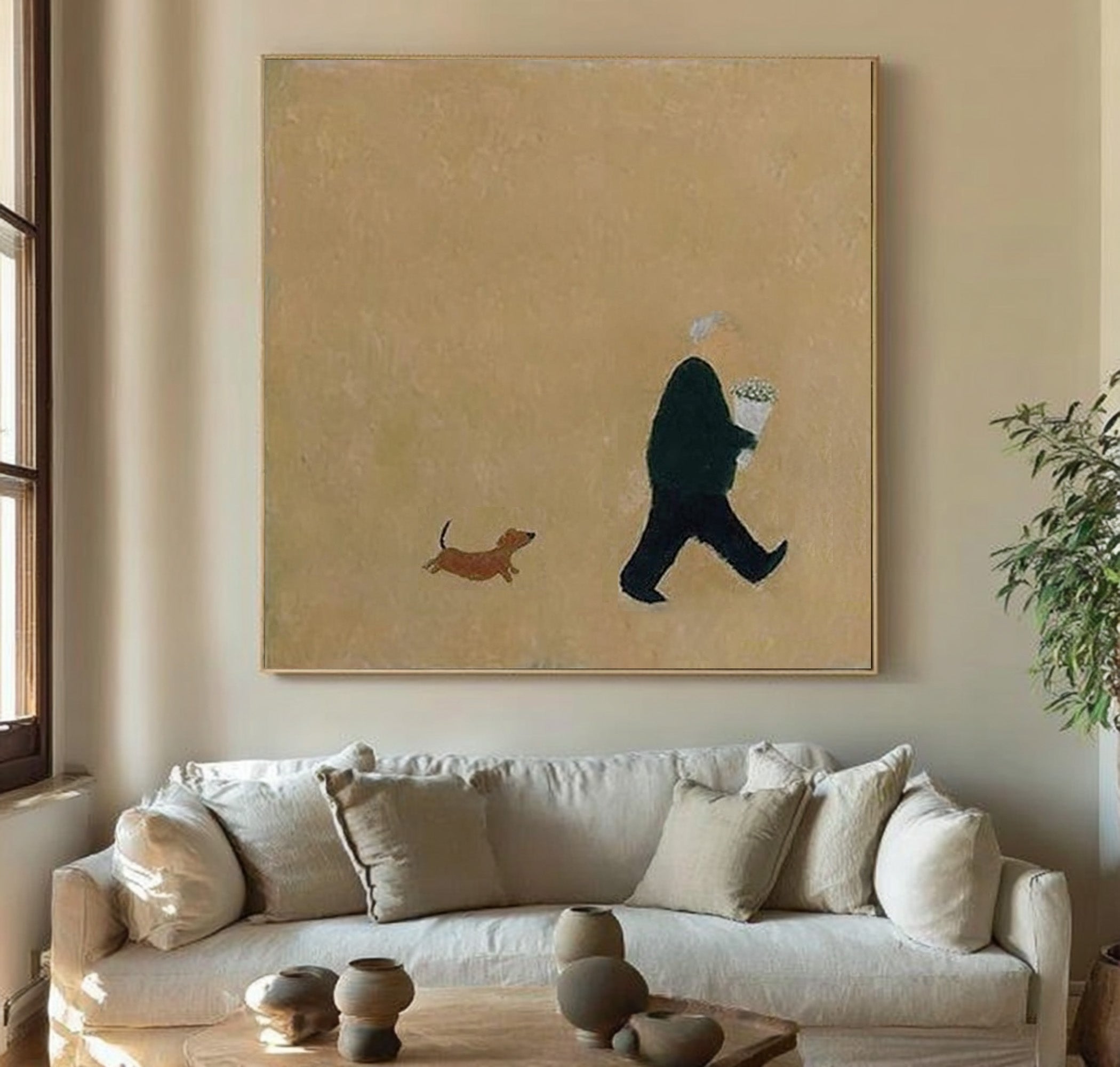 Large Abstract Oil Painting Figure and Dog, Minimal Warm Wall Art for Home Decor | ArtvistaGallery #WAB 015
