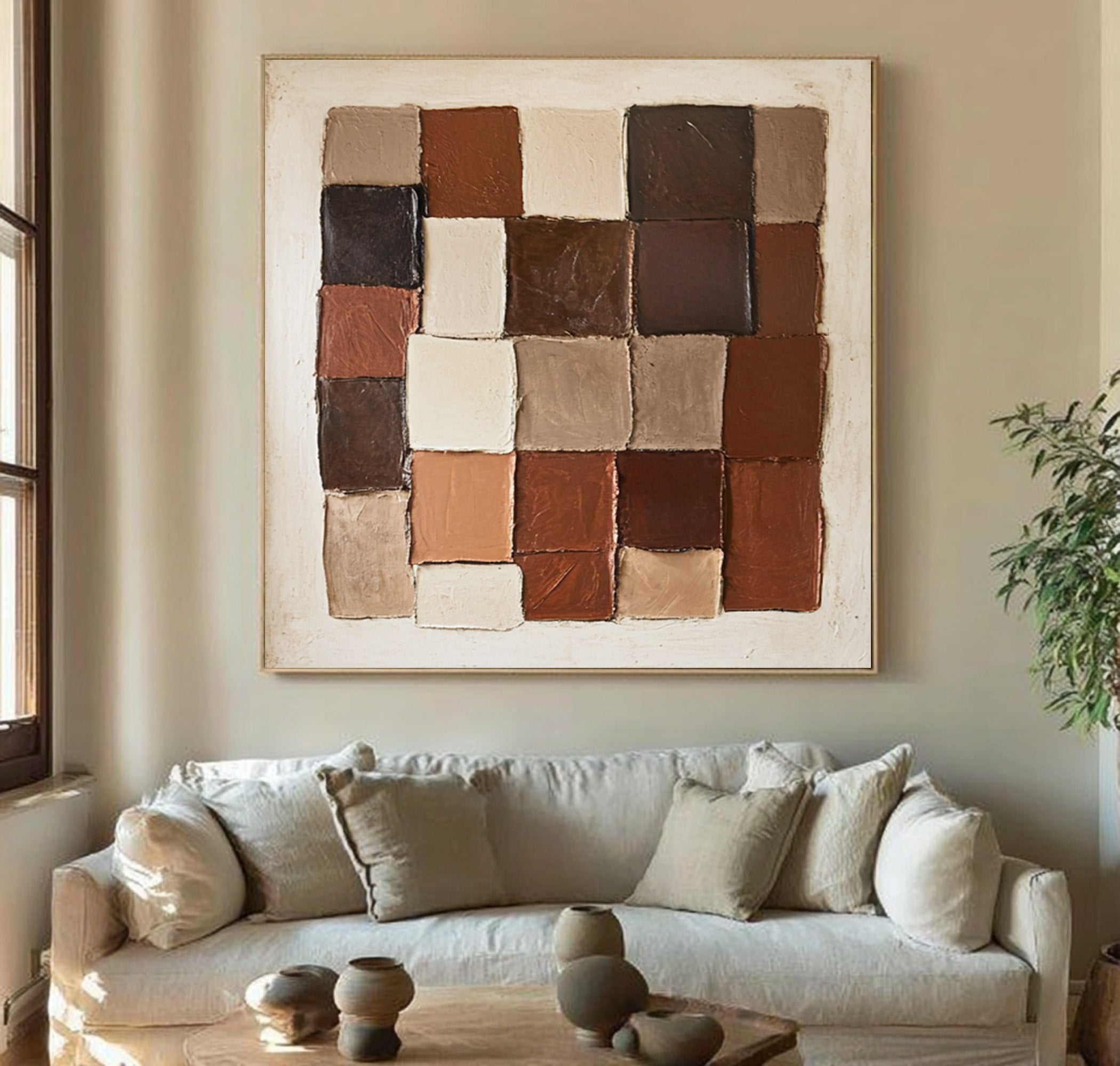 Large Contemporary Abstract Oil Painting, Earth Tone Geometric Art for Modern Interior | ArtvistaGallery #WAB 008