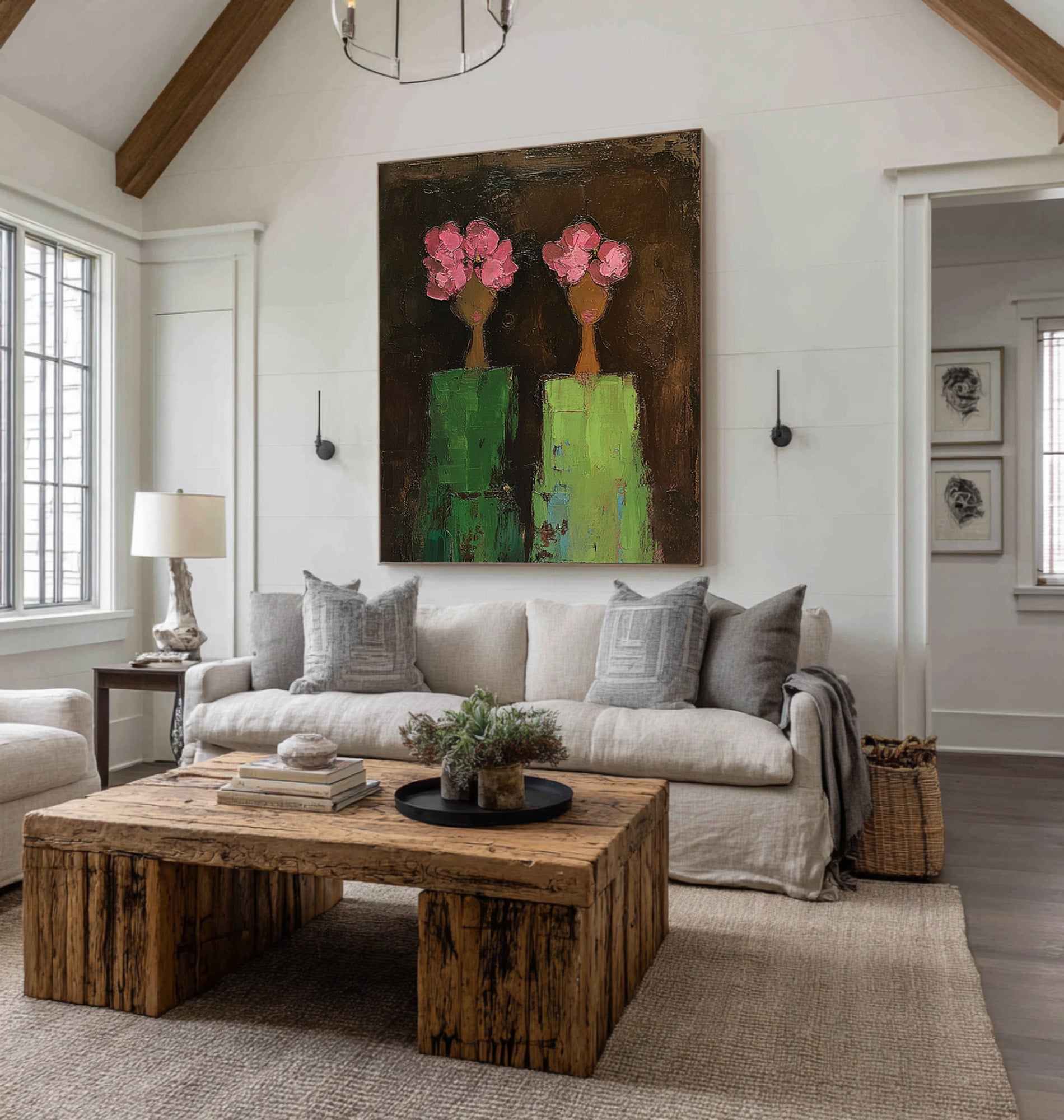 Large Modern Figurative Oil Painting on Canvas – Elegant Pink Floral Portrait Wall Art #WAB 039