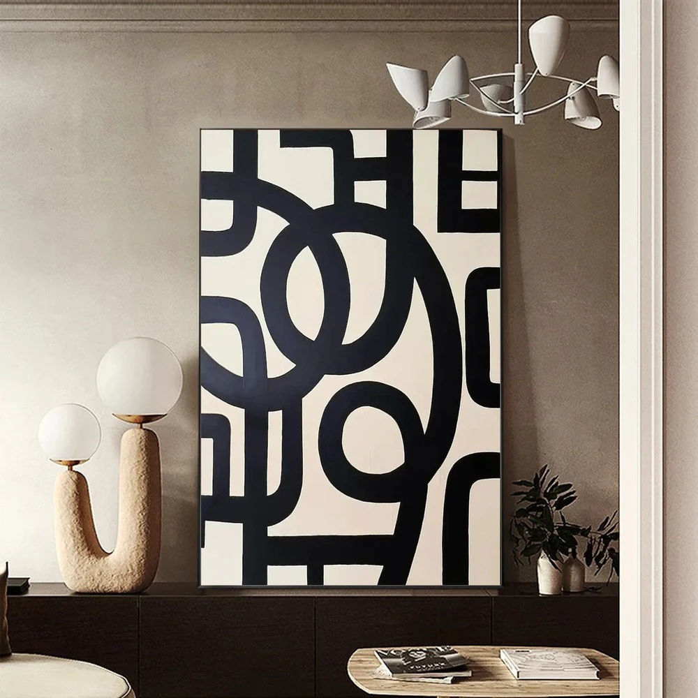 Large Abstract Oil Painting Black and White, Modern Geometric Wall Art for Living Room | ArtvistaGallery #WAB-031