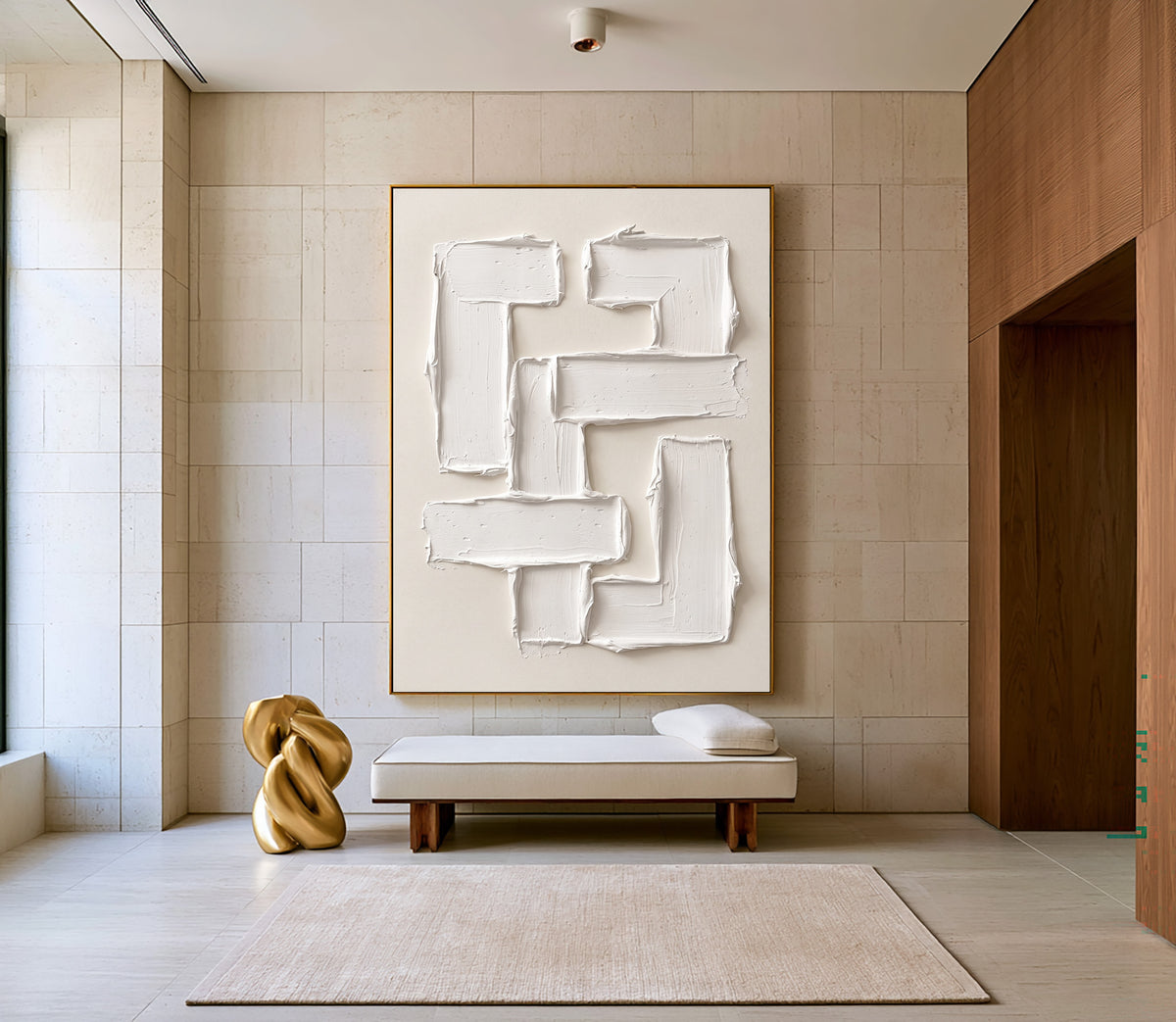 Large Modern Geometric Impasto Relief Wall Art Ivory Cream Abstract Oil Painting Thick Textured Rectangles Sculptural Minimalist Contemporary Living Room Decor