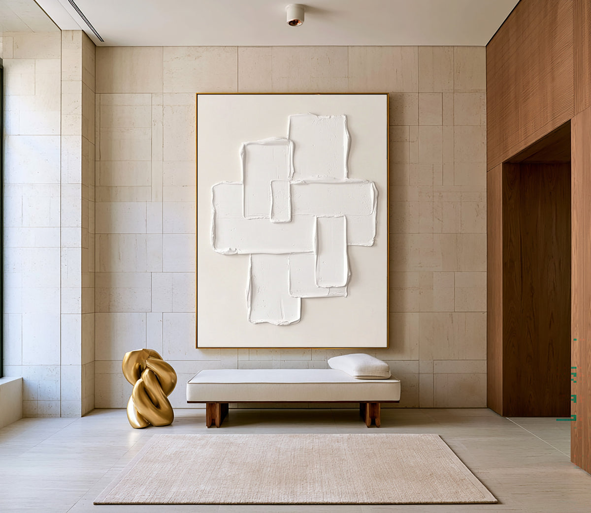 Large Cream Modernist Composition Textured Wall Art Ivory Neutral Abstract Oil Painting Raised Geometric Shapes Sculptural Impasto Minimalist Contemporary Luxury Decor