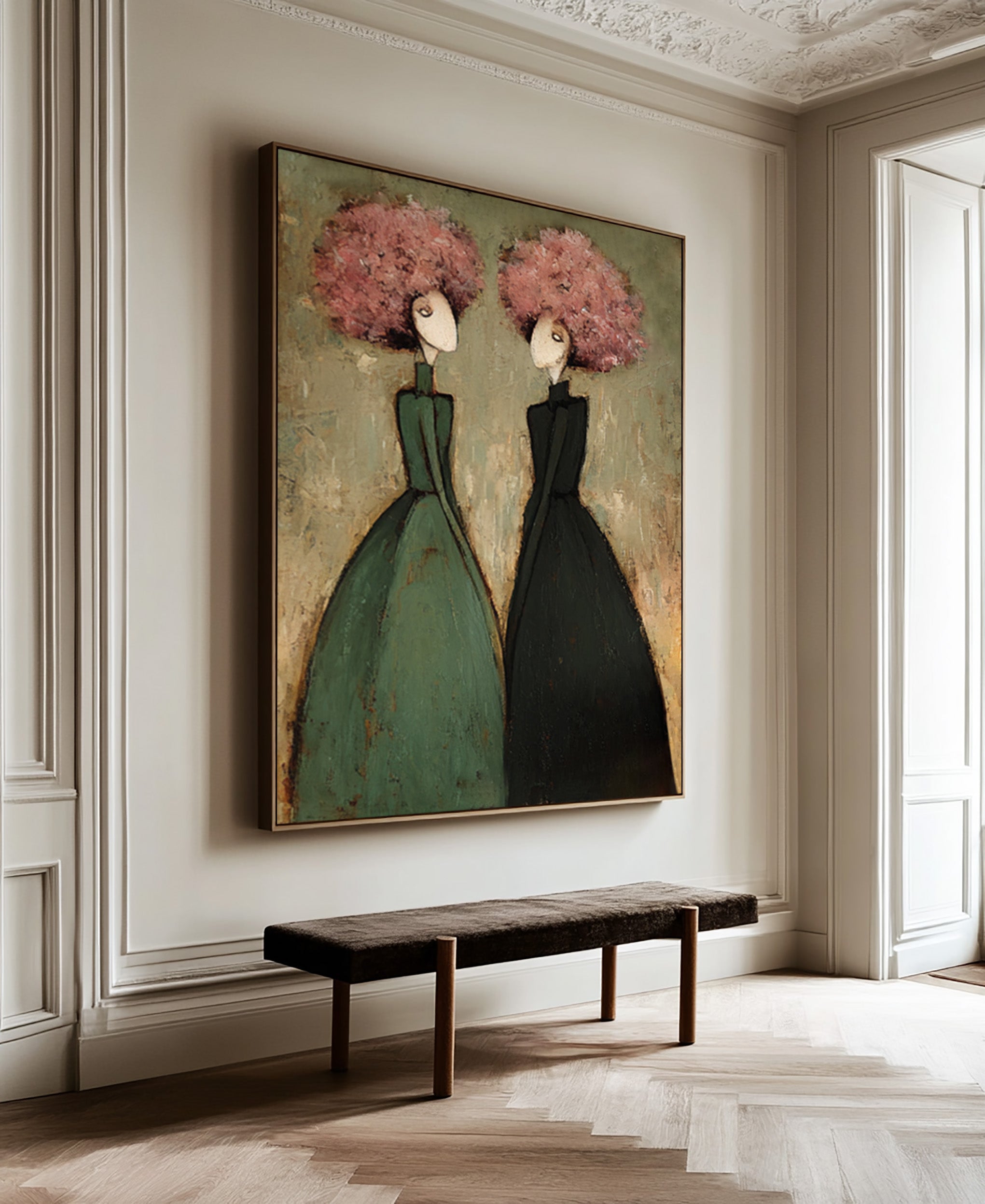 Large Contemporary Portrait Oil Painting – Modern Green and Pink Canvas Wall Art #WAB 035