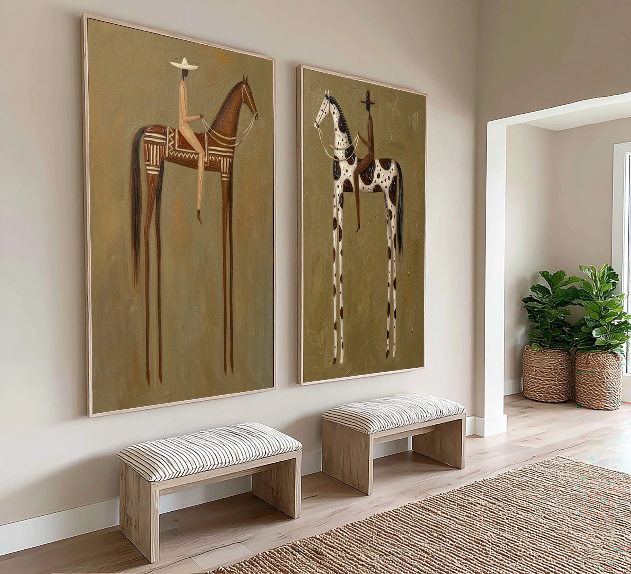 Large Cowboy Cowgirl Wall Art Western Ranch Horse Oil Painting Diptych 