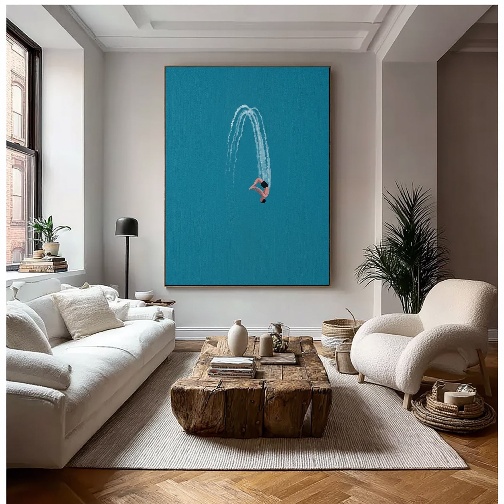Large Minimalist Diver Wall Art Contemporary Ocean Blue Painting