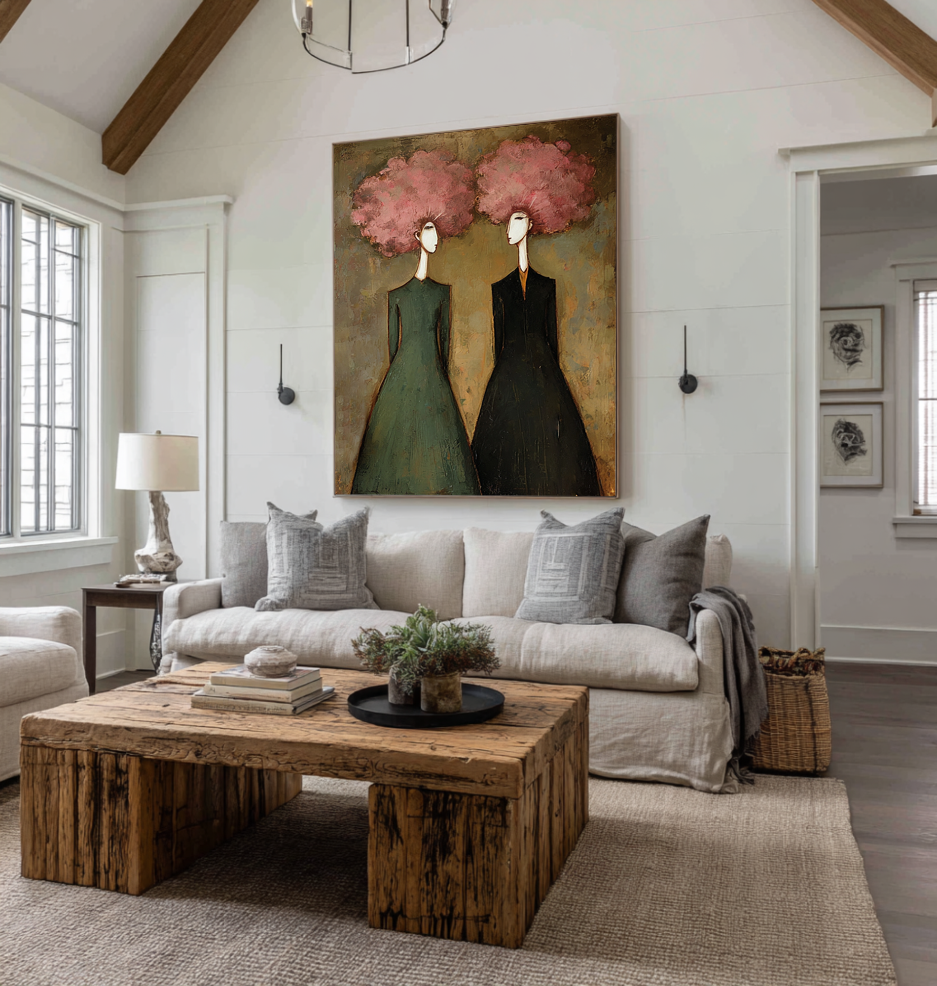 Large Abstract Pink Portrait Oil Painting – Modern Green and Black Wall Decor #WAB 044