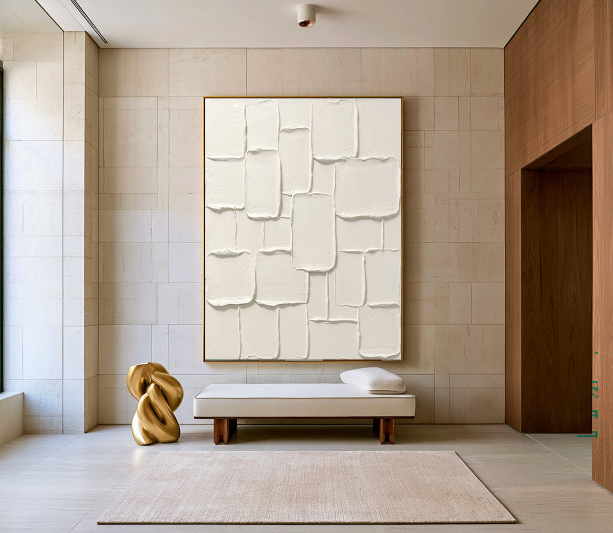 Large Modern Rounded Sculptural Relief Wall Art Ivory Cream Abstract Oil Painting Organic Rectangular Shapes Thick Impasto Texture Minimalist Luxury Interior Decor