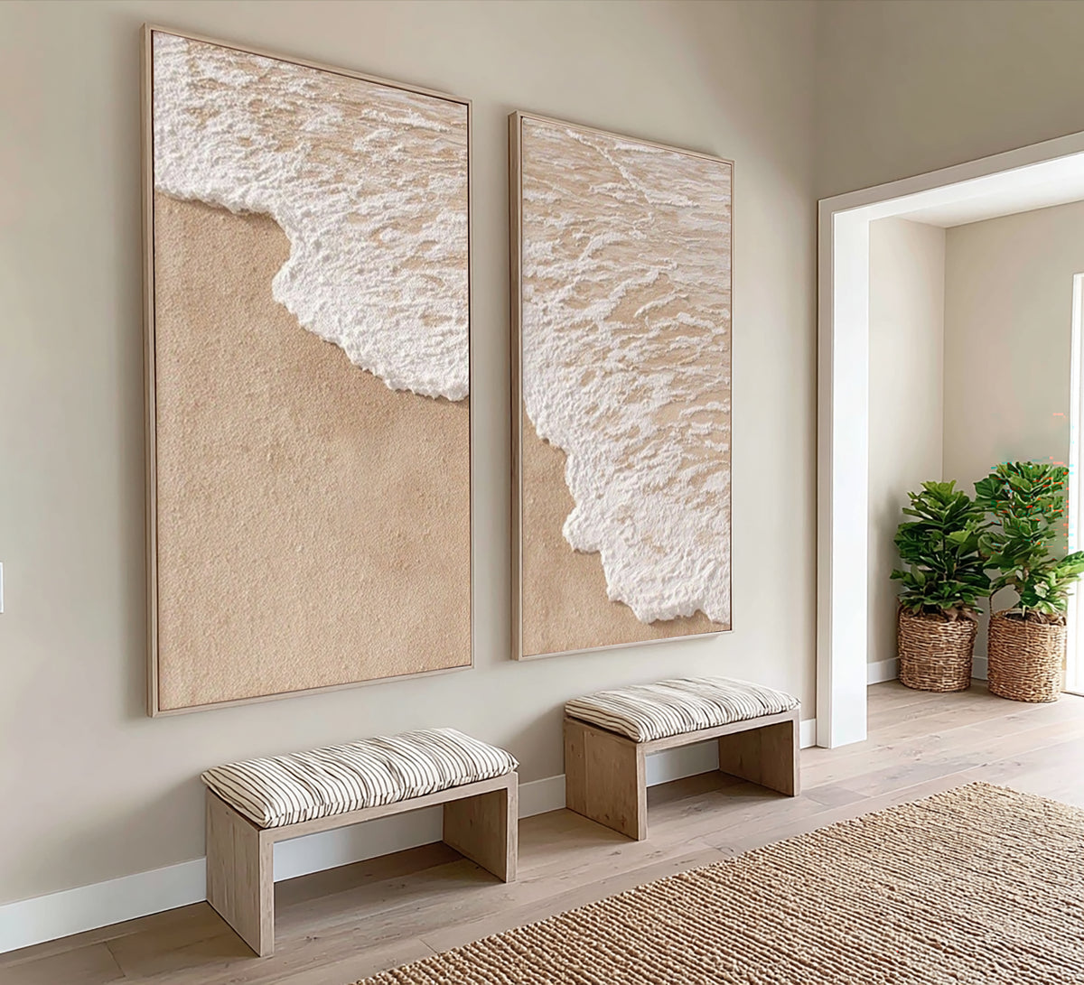 Where The Tide Meets The Shore Diptych Coastal Wall Art Textured Ocean Wave Painting Beach House Decor