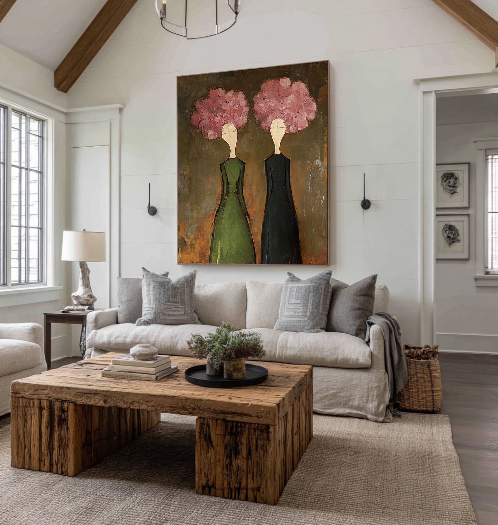 Large Modern Floral Portrait Oil Painting on Canvas – Elegant Green Dress Wall Art #WAB 042