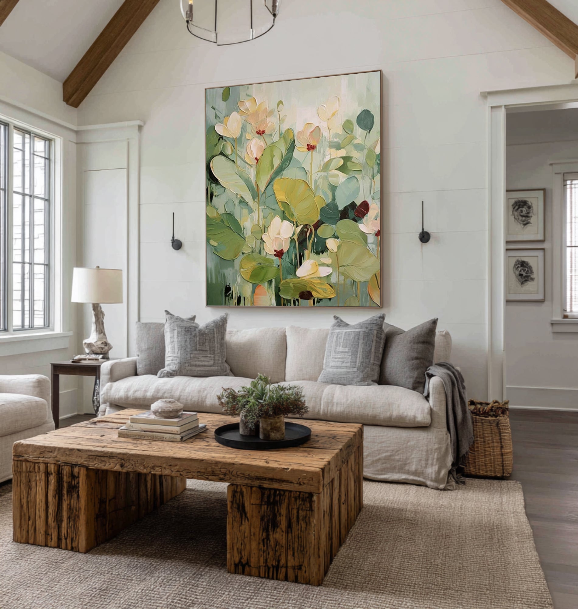 Large Botanical Floral Painting Modern Green Wall Art 
