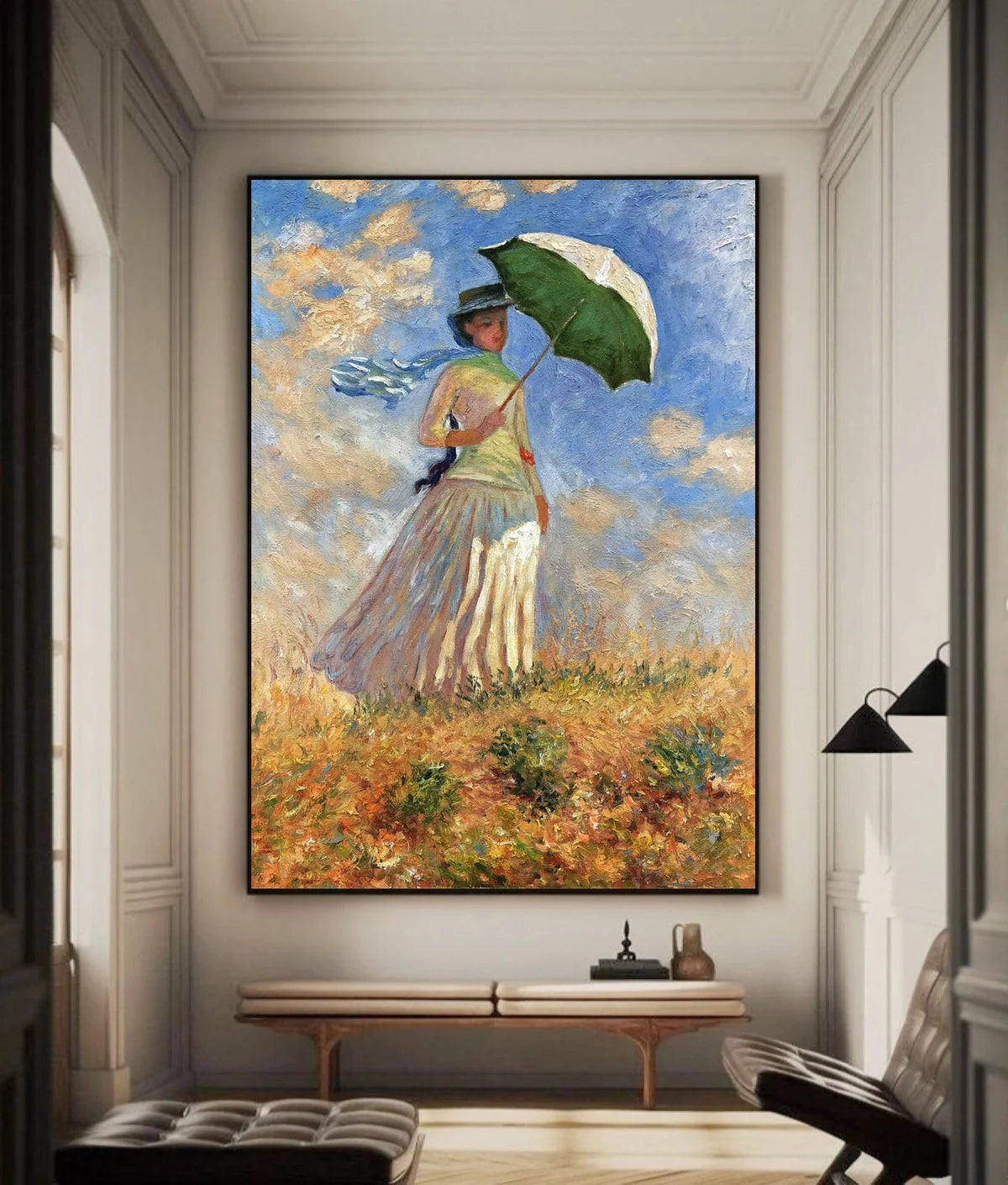 Afternoon Light Across The Meadow Impressionist Painting Woman Parasol Landscape Wall Art