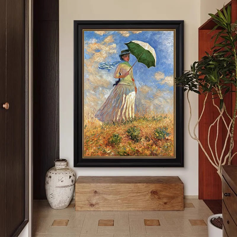 Afternoon Light Across The Meadow Impressionist Painting Woman Parasol Landscape Wall Art
