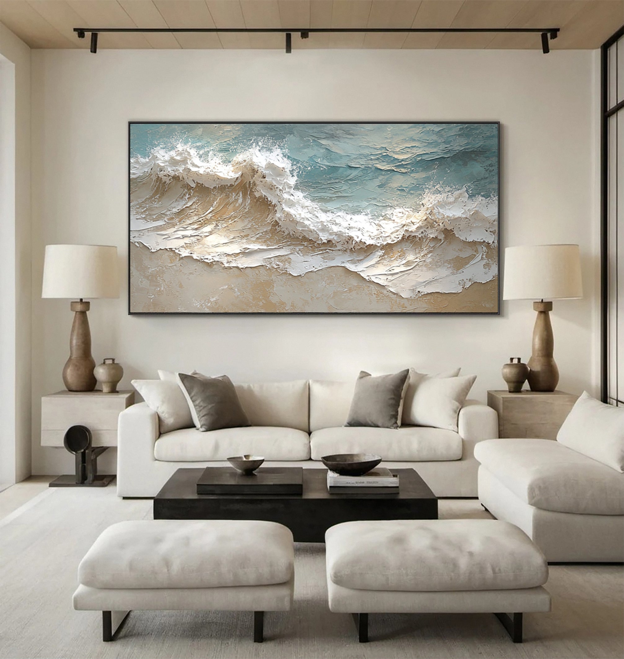 Textured Seascape Painting Blue White Sand Modern #WG 037