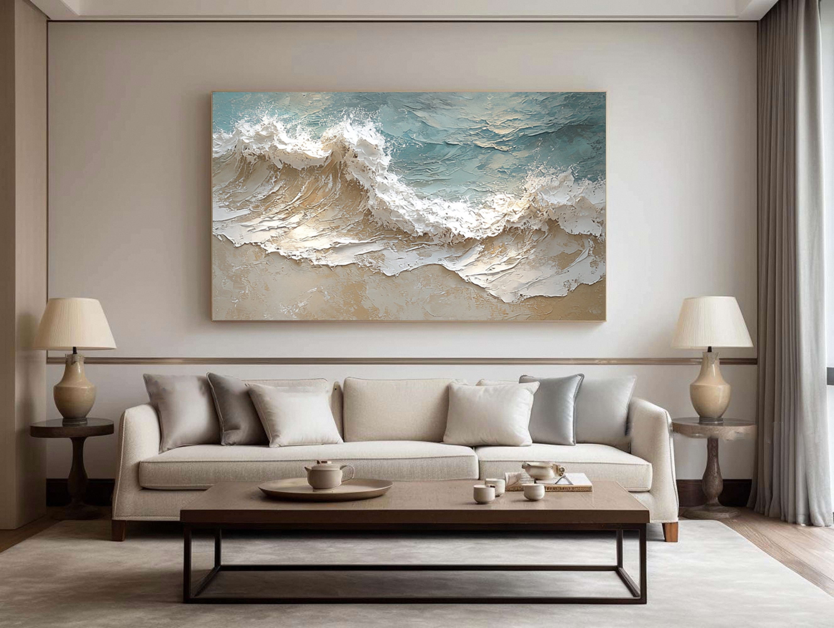 Textured Seascape Painting Blue White Sand Modern #WG 037