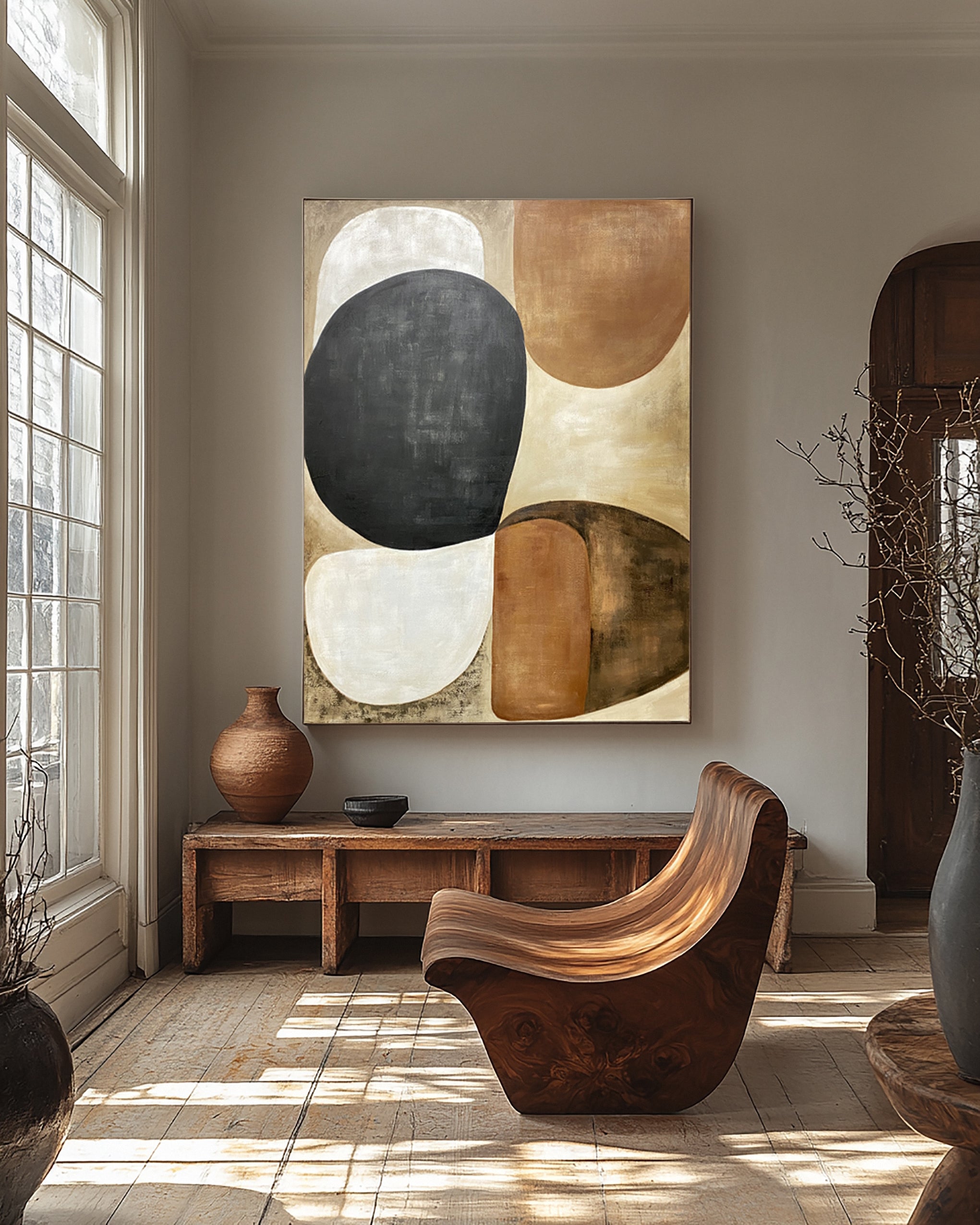 Abstract Art with Textured Shapes in Black, White, and Beige #BGA 281