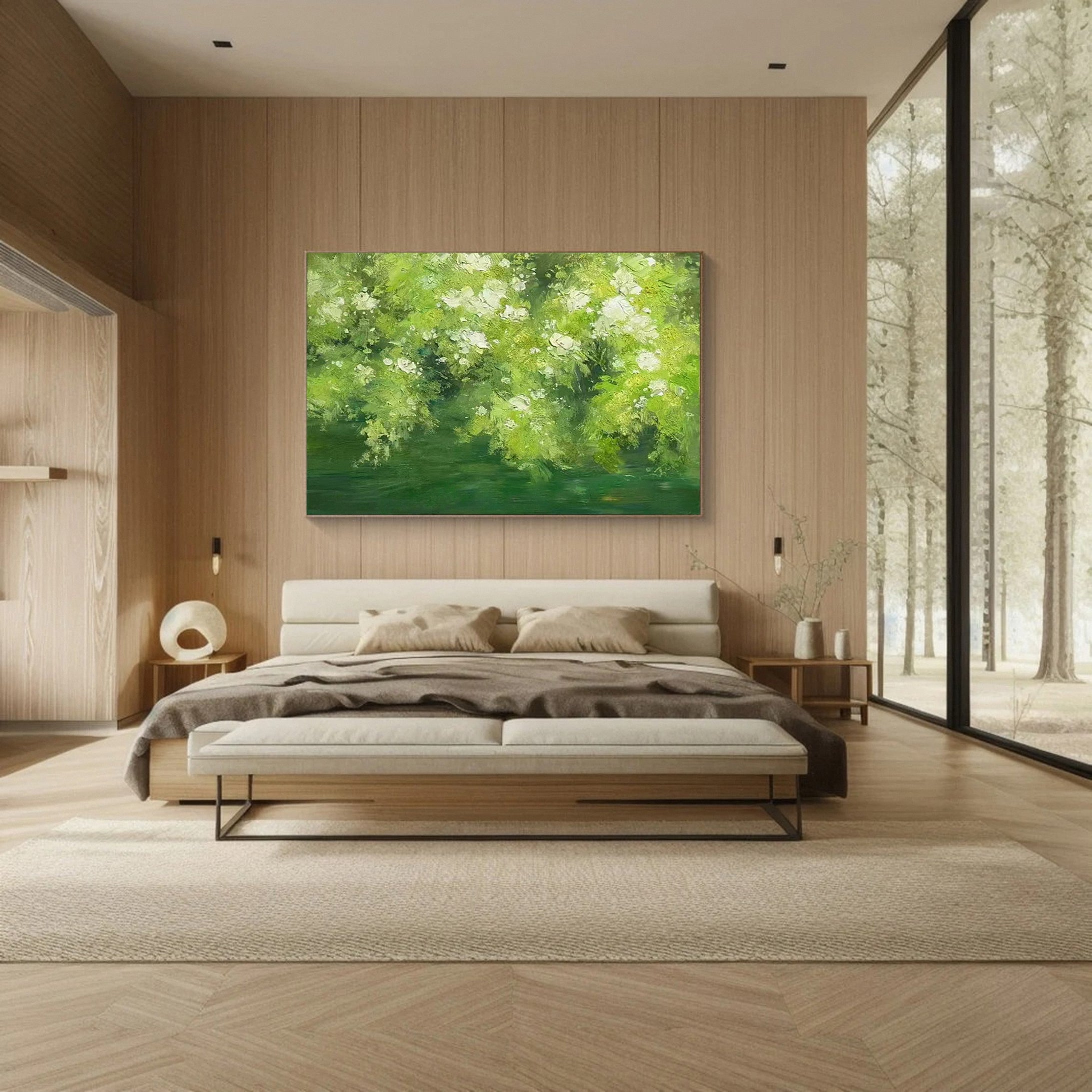 Expressive Canvas of Vibrant Green Foliage and White Flowers #BGA 272