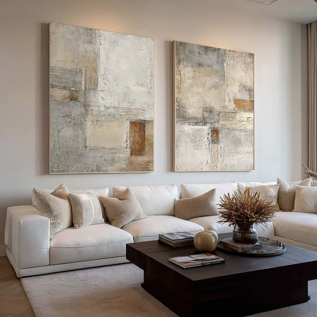 Large Beige & Gray Abstract Wall Decor Set of 2  #WG 014