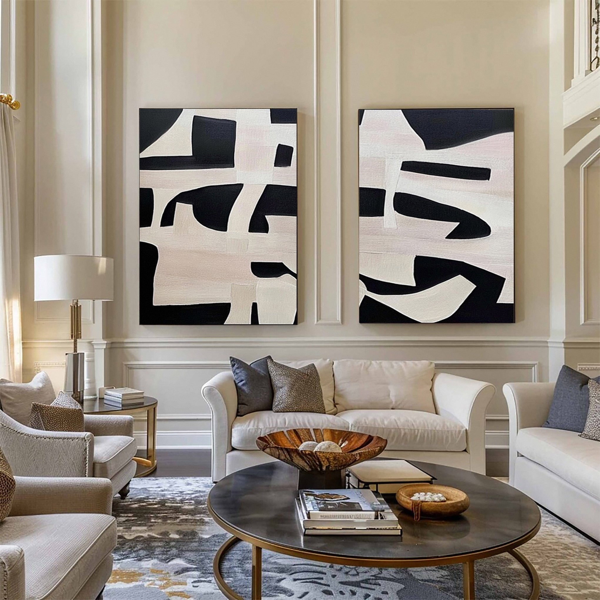 Geometric Symphony Black & White Abstract Canvas Set of 2 #BWA 008