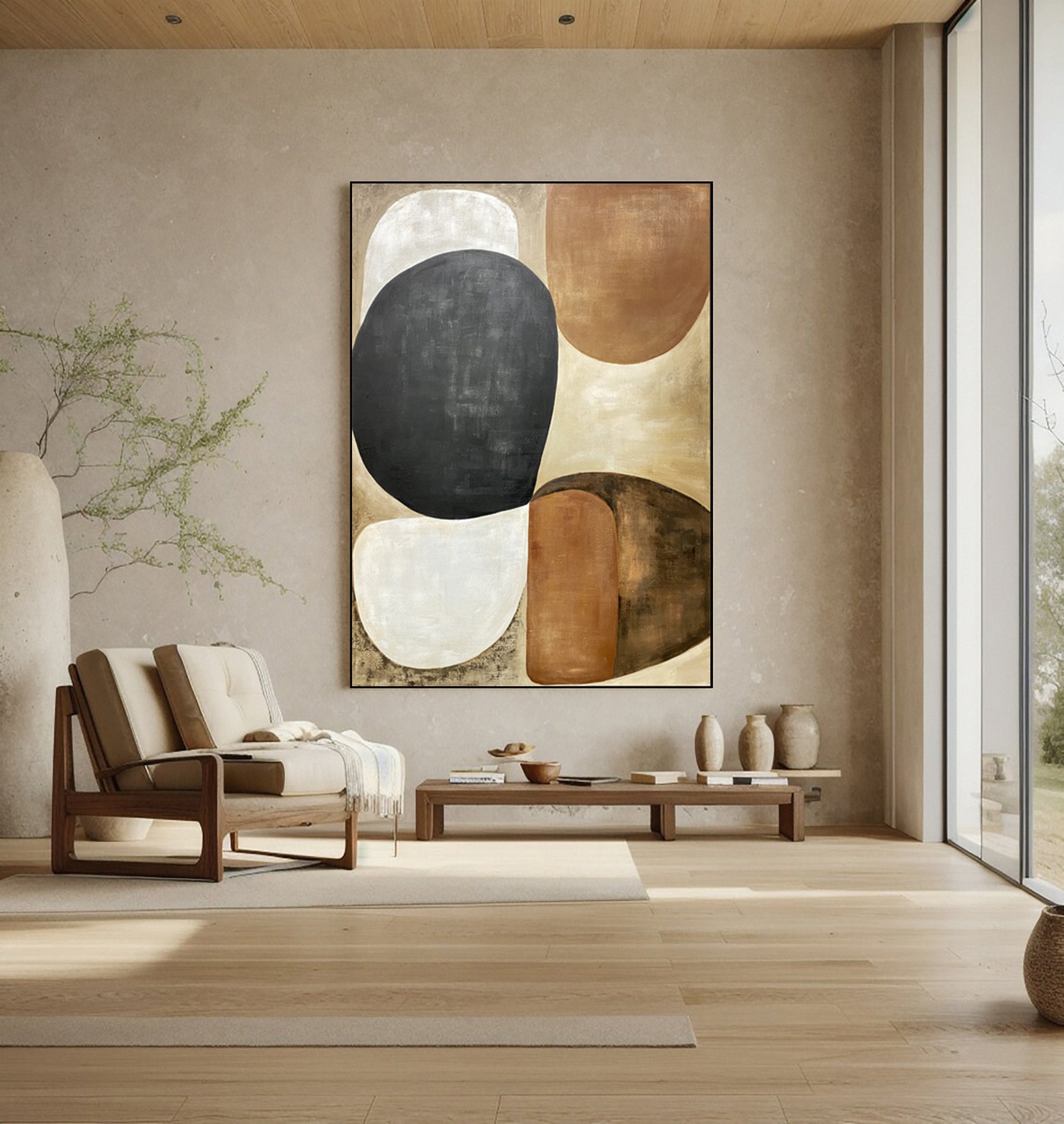 Abstract Art with Textured Shapes in Black, White, and Beige #BGA 281