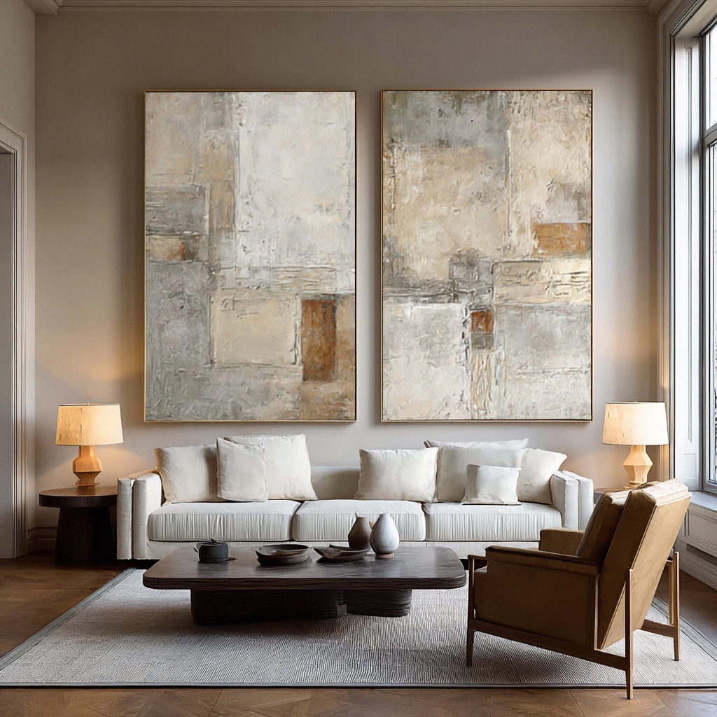 Large Beige & Gray Abstract Wall Decor Set of 2  #WG 014