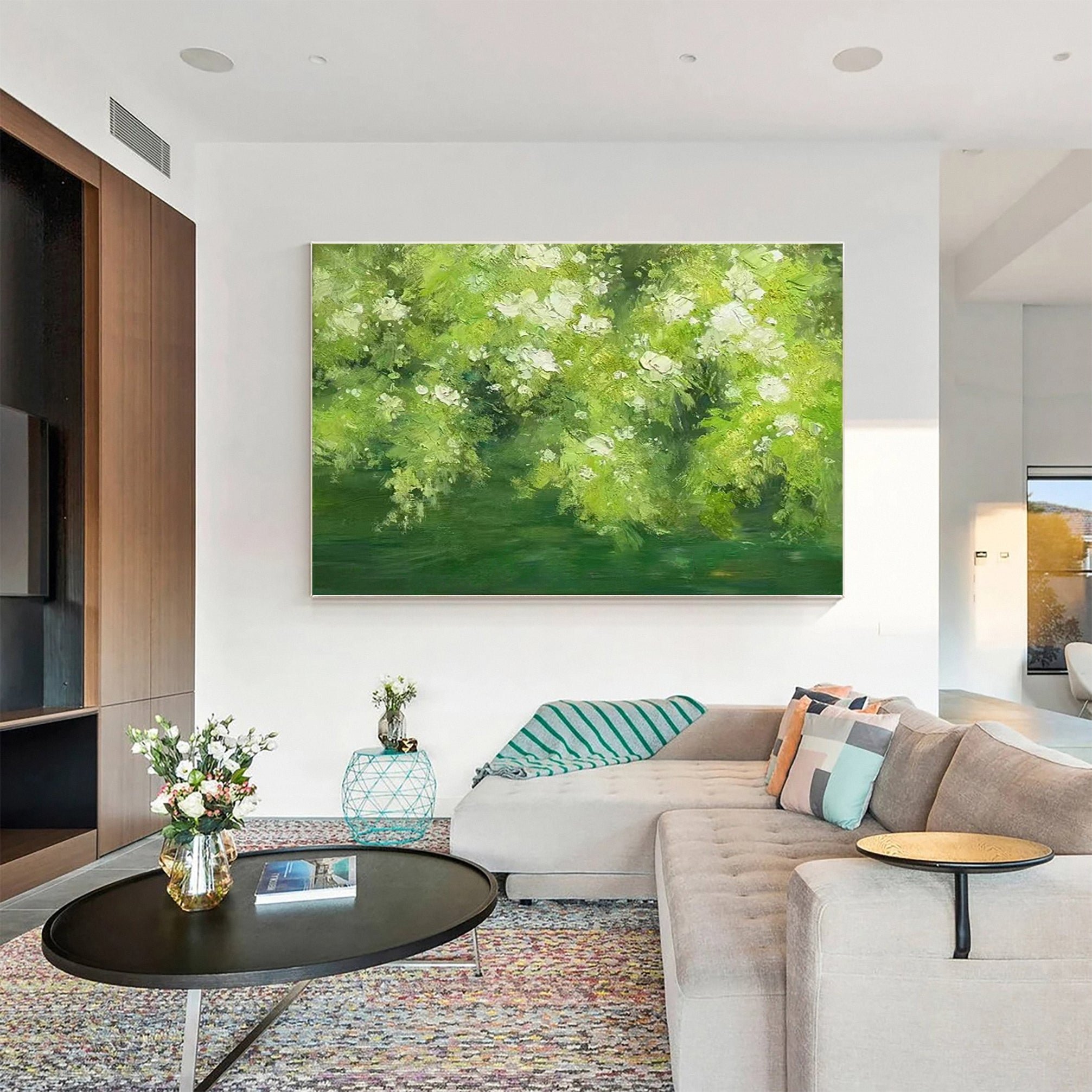 Expressive Canvas of Vibrant Green Foliage and White Flowers #BGA 272