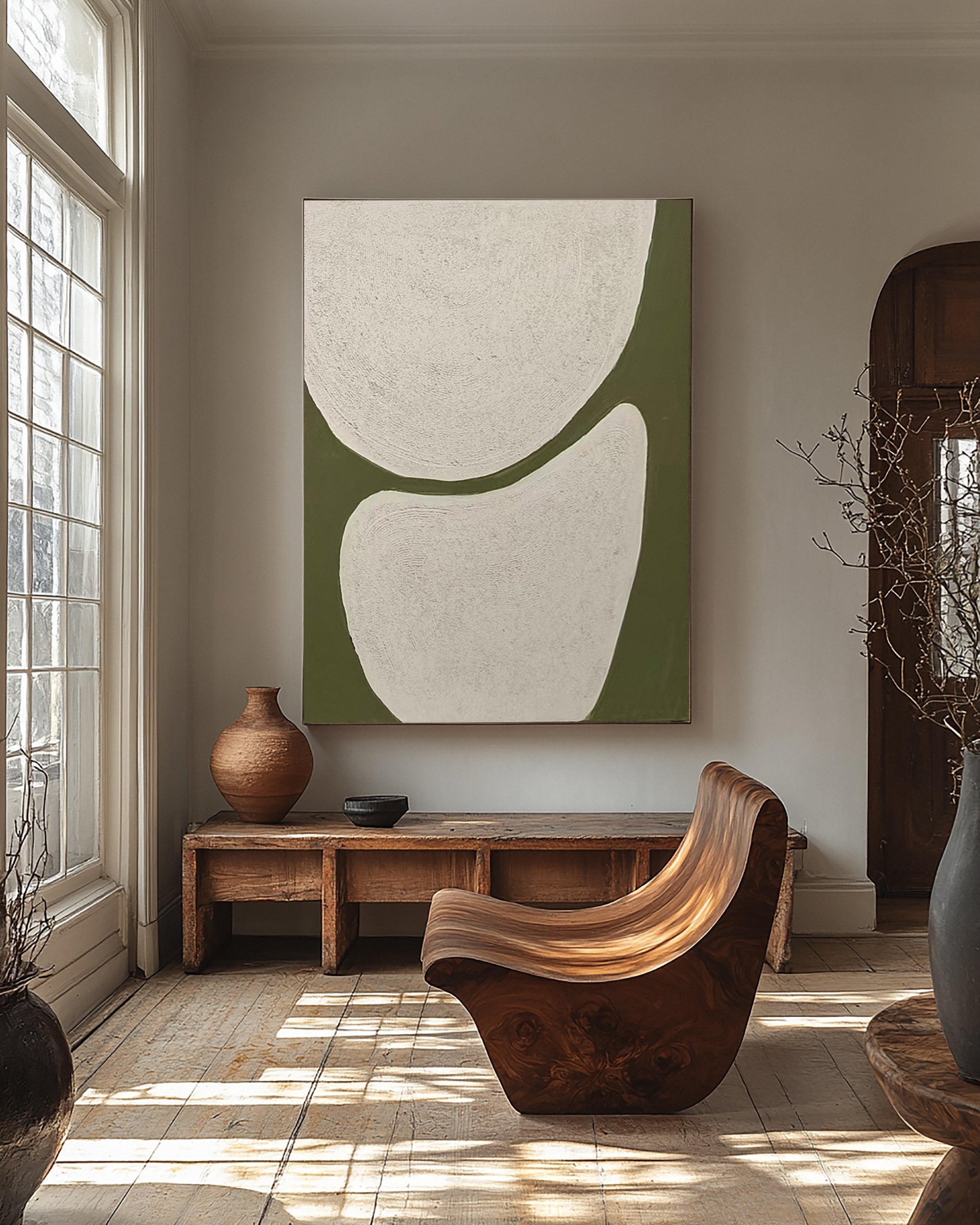 Abstract Canvas with Textured Light Forms on Green Field #BGA 258