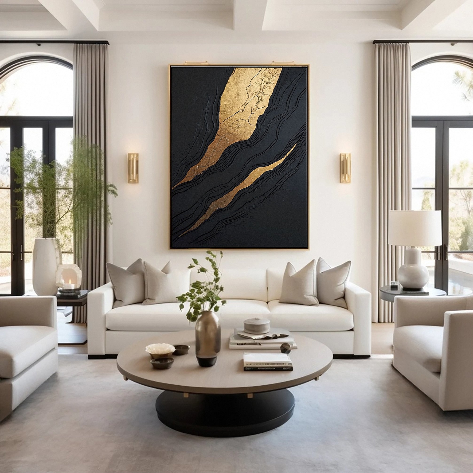 Luxury Waves Black and Gold Abstract Canvas Art #BM 084