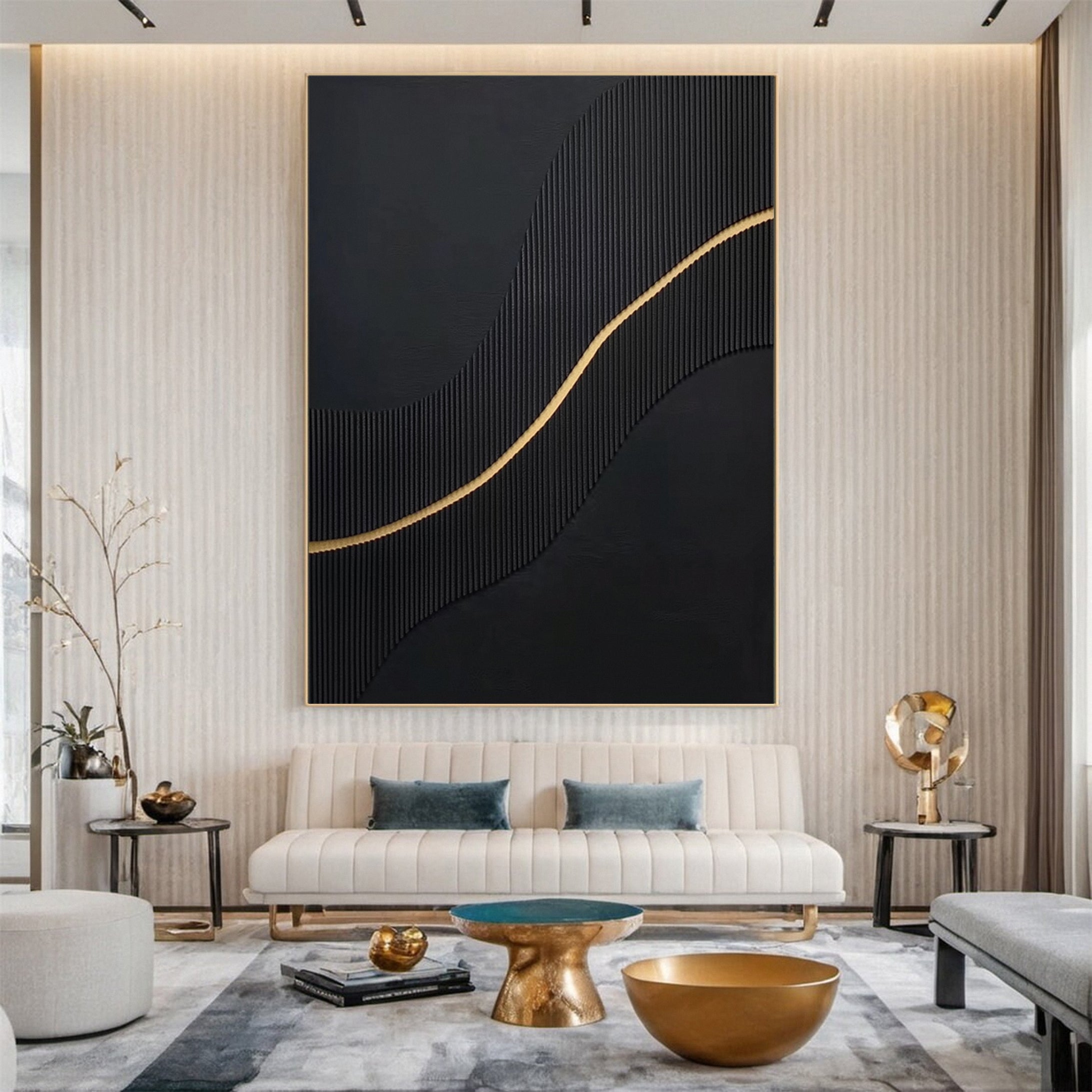 Luxury Waves Black and Gold Abstract Canvas Art #BM 081