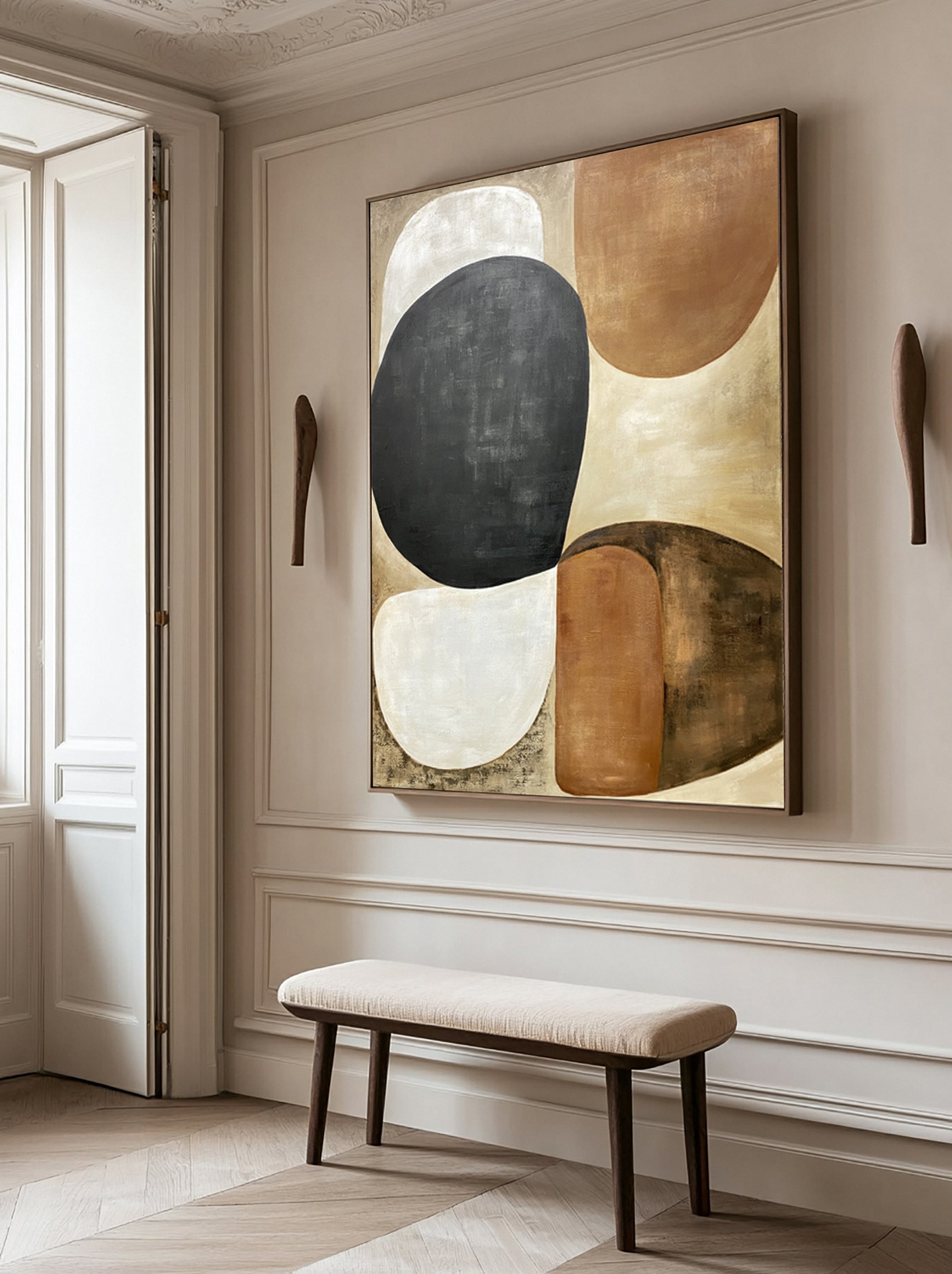 Abstract Art with Textured Shapes in Black, White, and Beige #BGA 281