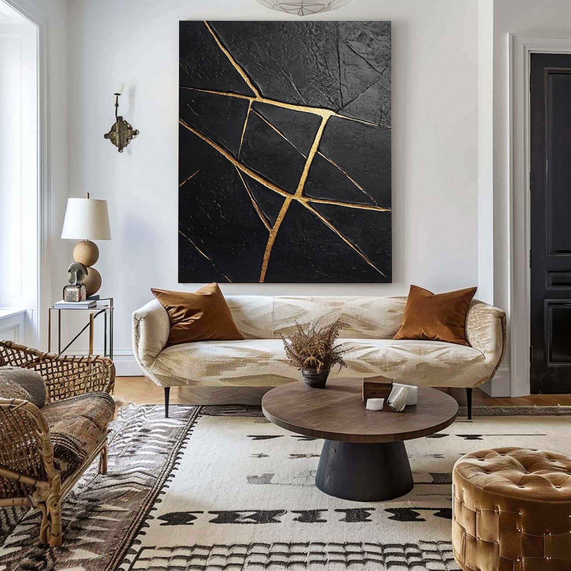 Large Black Textured Canvas with Gold Accents for Room Decor #BM 036