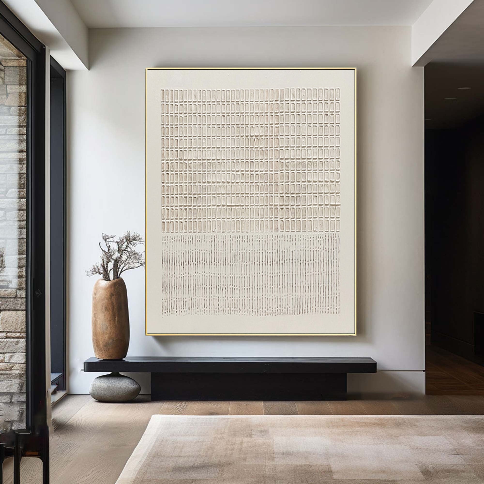 Large Abstract Oil Painting Beige Textured Grid Art, Minimal Modern Wall Art for Living Room | ArtvistaGallery #WAB 021