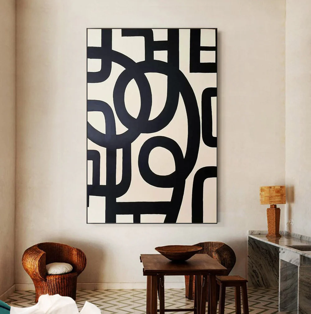 Large Abstract Oil Painting Black and White, Modern Geometric Wall Art for Living Room | ArtvistaGallery #WAB-031