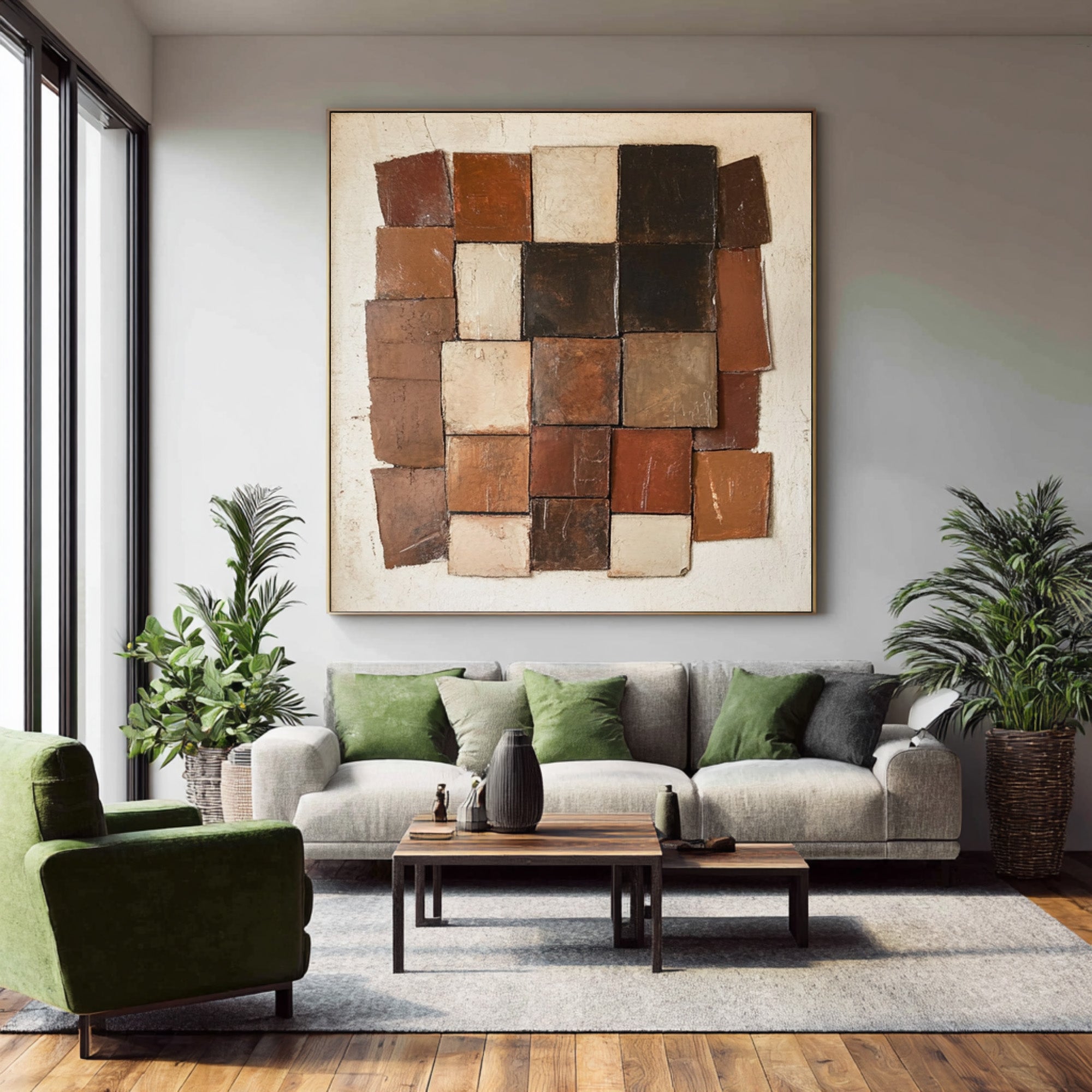Large Abstract Oil Painting Earth Tone Geometric Art, Textured Modern Wall Art for Living Room | ArtvistaGallery #WAB 007