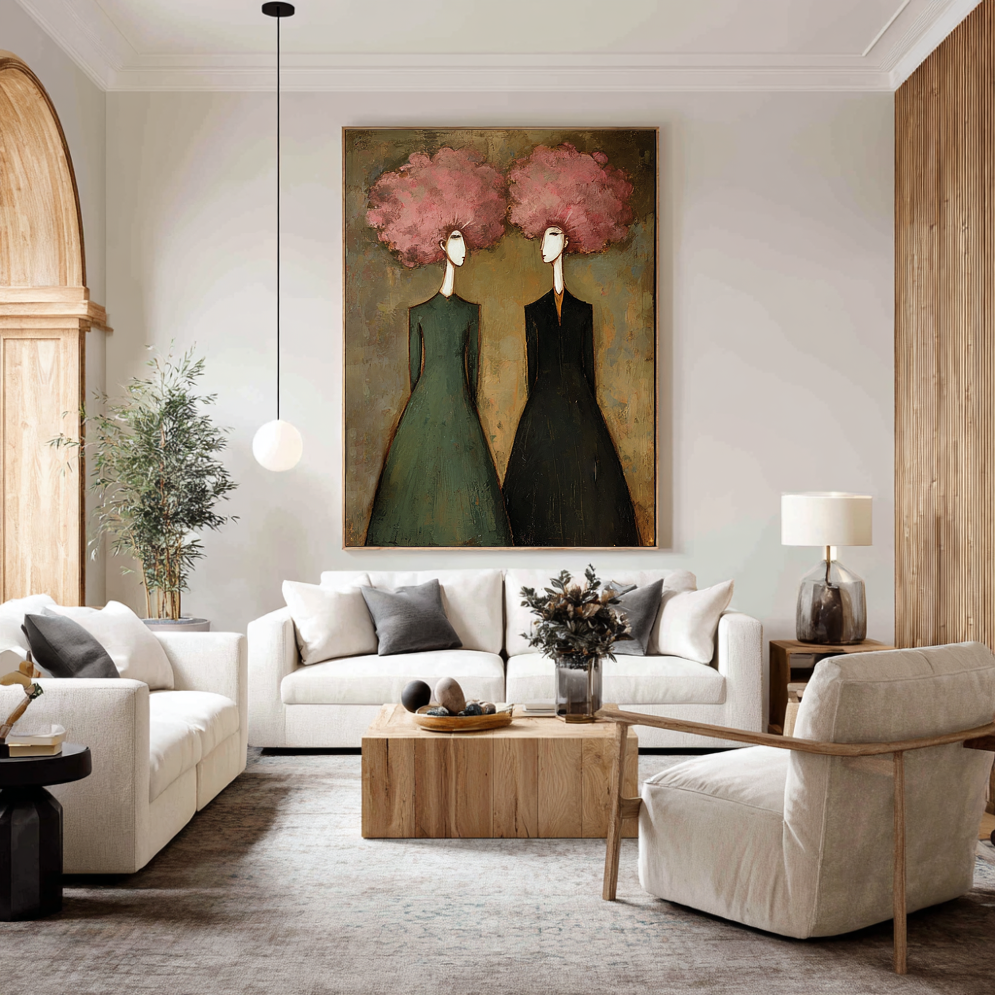 Large Abstract Pink Portrait Oil Painting – Modern Green and Black Wall Decor #WAB 044