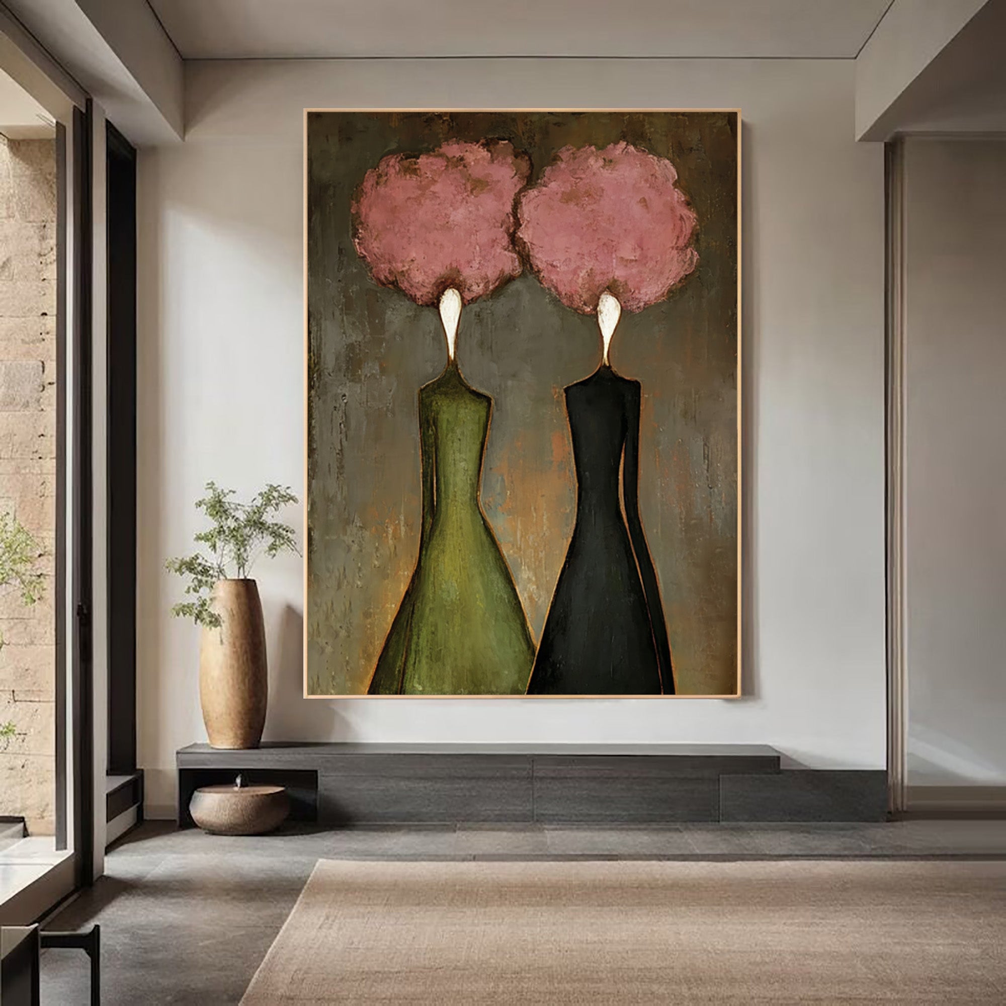 Large Abstract Pink Portrait Oil Painting – Statement Figurative Wall Art Decor #WAB 036